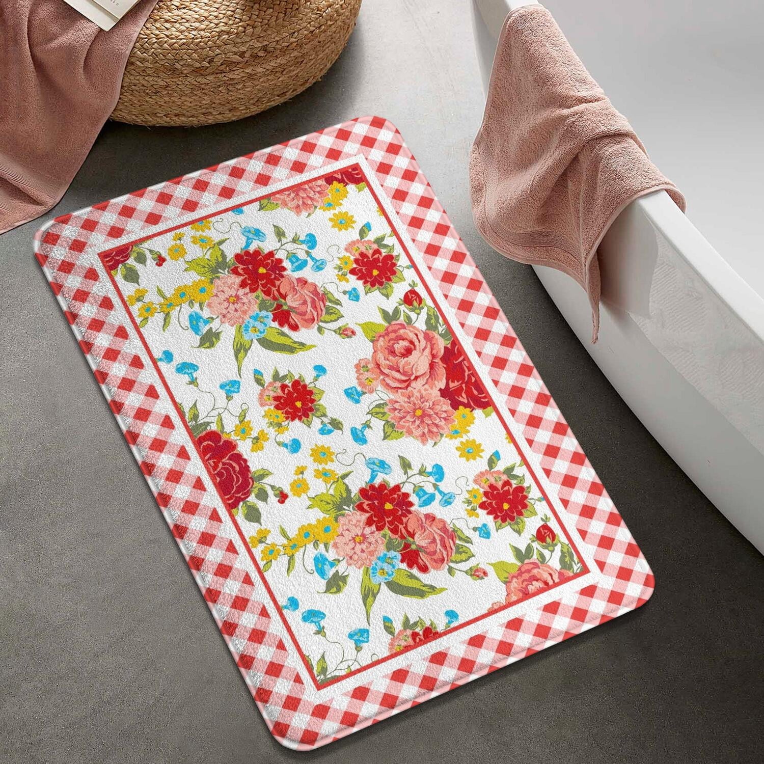 Homesteada™ Flower Design Bath Mat Soft Rug Rubber Non Slip Quick Dry Homesteada™ Vintage Floral Super Absorbent Thin Bathroom Rugs Shower Bathtub Shower Room Sink 20x32 Inch