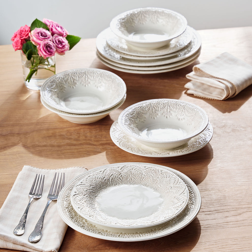 Homesteada™ Vintage Lace 12-Piece Ceramic Dinnerware Set, Linen
