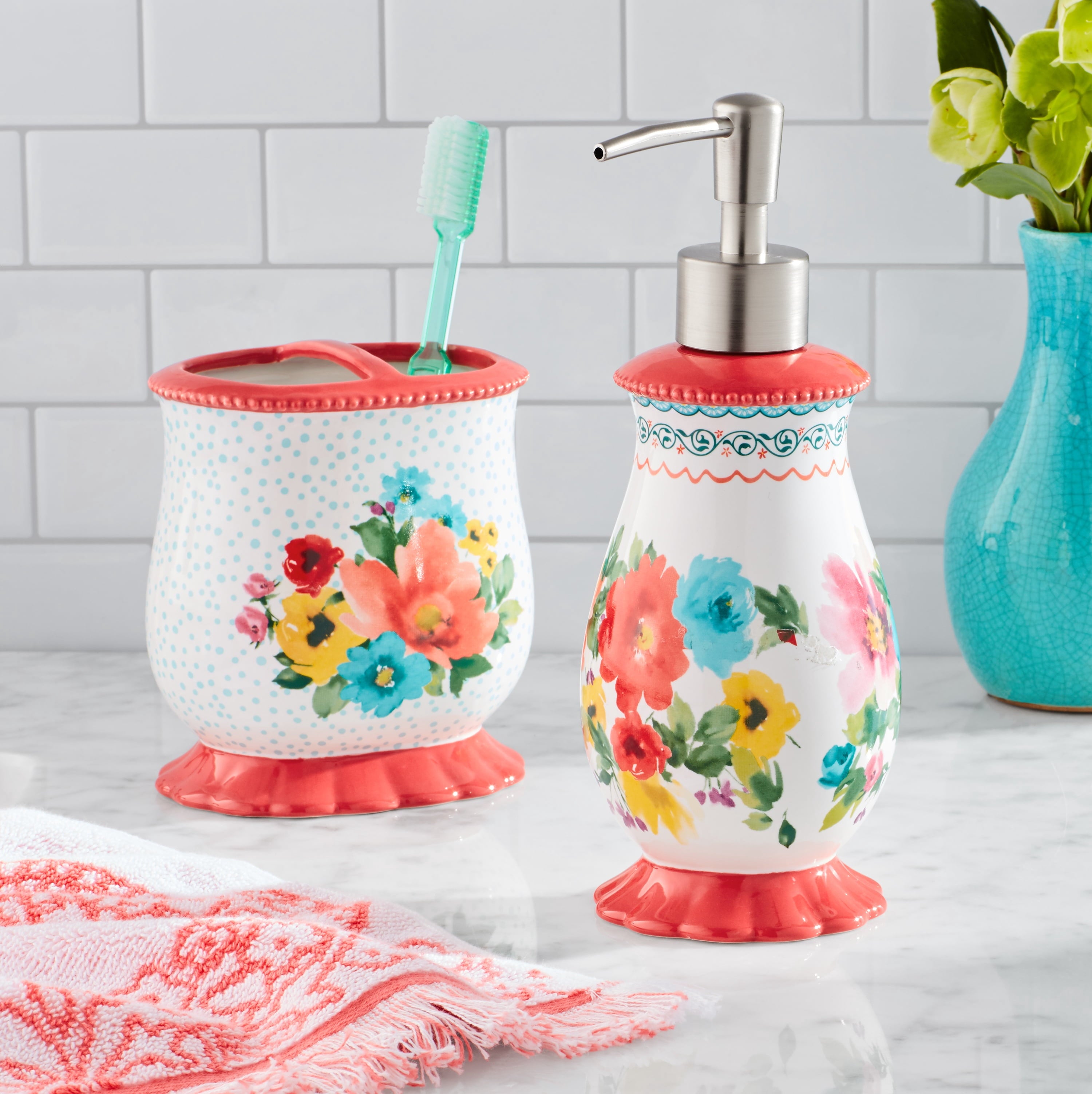 Homesteada™ Multi- Color 2 Piece Ceramic Bath Accessories Set, Homesteada™ Breezy Blossom