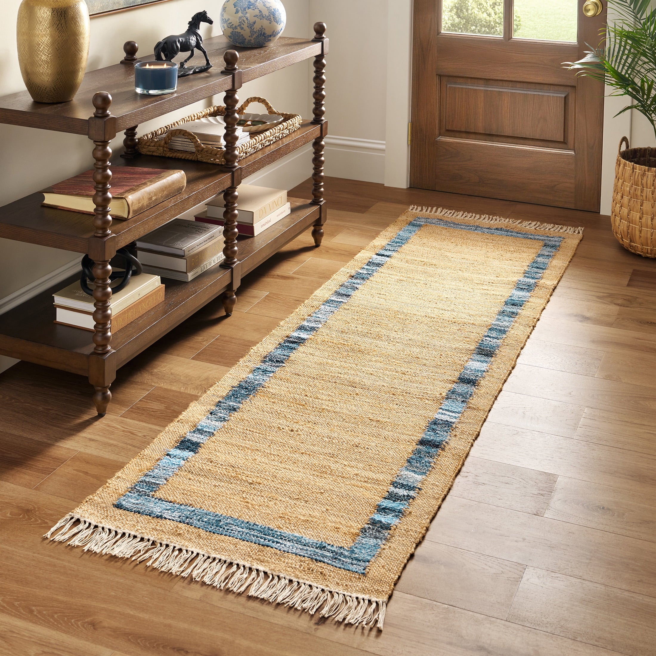 Homesteada™ Denim Jute Runner Rug, Natural with Blue Border, 30 x 96 Inches
