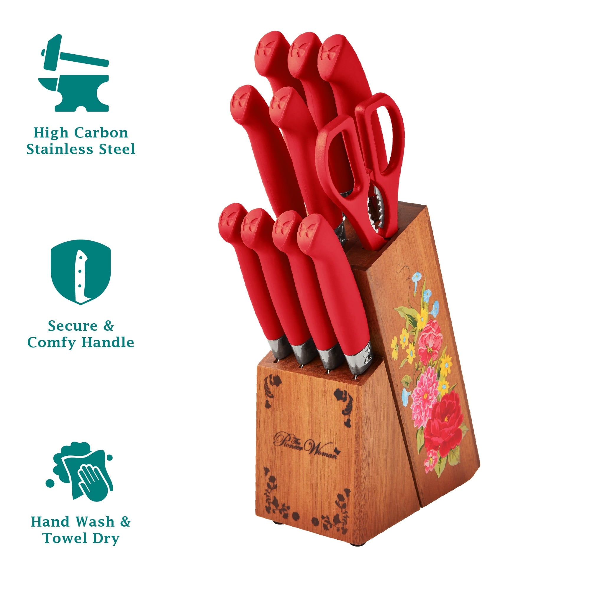 Homesteada™ Sweet Rose 11-Piece Stainless Steel Knife Block Set, Red
