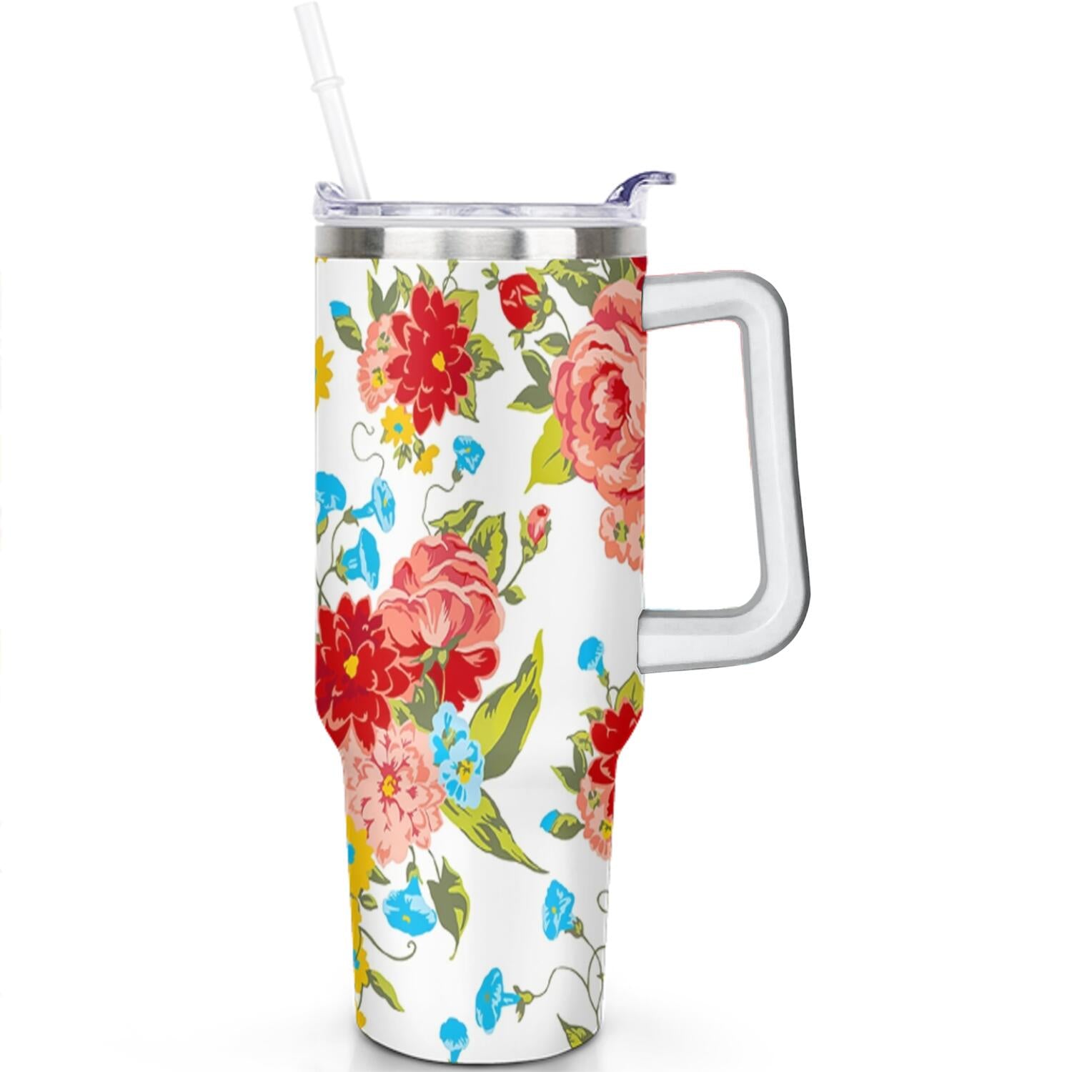 Homesteada™ 40 Oz Tumbler with Handle Lid and Straw Vintage Floral Women Stainless Steel Travel Mug Double Walled Vacuum Insulated Cup, Christmas Birthday Gifts for Indoor Outdoor Sports
