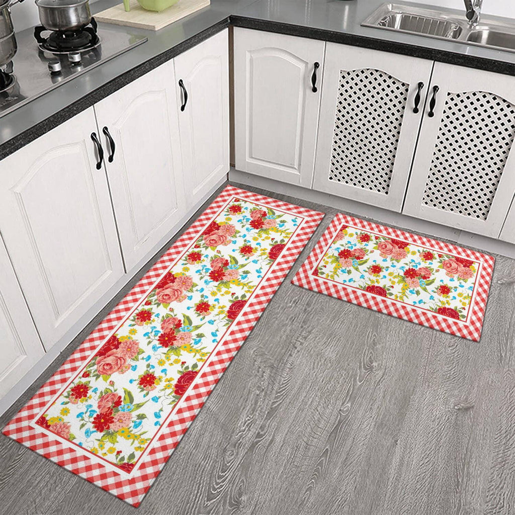Homesteada™ Flower Kitchen Mat Sets 2 Piece Farmhouse Anti Fatigue Waterproof Stain Resistant Floor Rug Non Slip Homesteada™ Vintage Floral Kitchen Laundry Room Rug - 17x30+17x47Inch