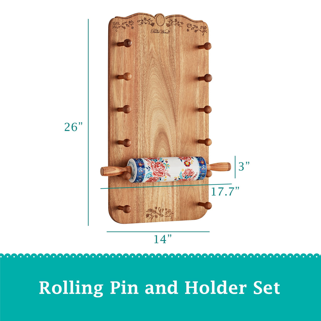 Homesteada™ Keepsake Floral 17.7" Ceramic Rolling Pin with Acacia Wood Holder