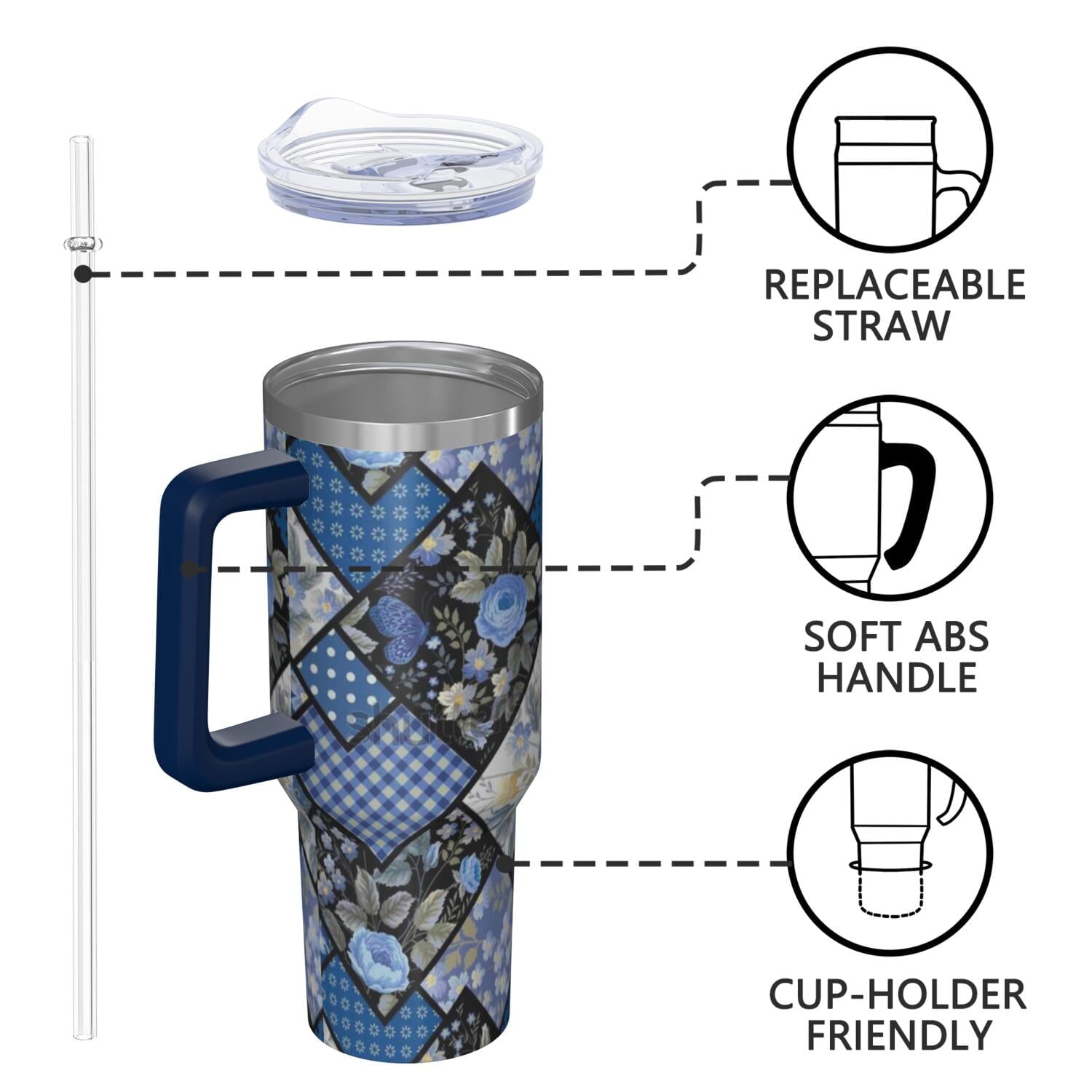 Homesteada™ OBREWU Vintage Floral Tumbler with Handle and Lid,40oz Vintage Floral Double Wall Vacuum Insulated Tumbler,Vintage Floral Cups Gift for Women and Men