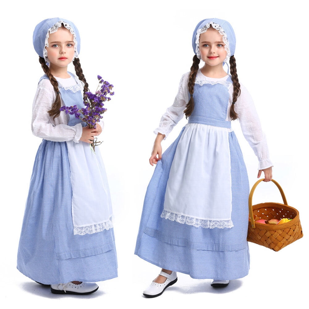 Homesteada™ Girls Heritage Country Costume Long Sleeve Dress with Apron colonial bonnet for 3-12Y