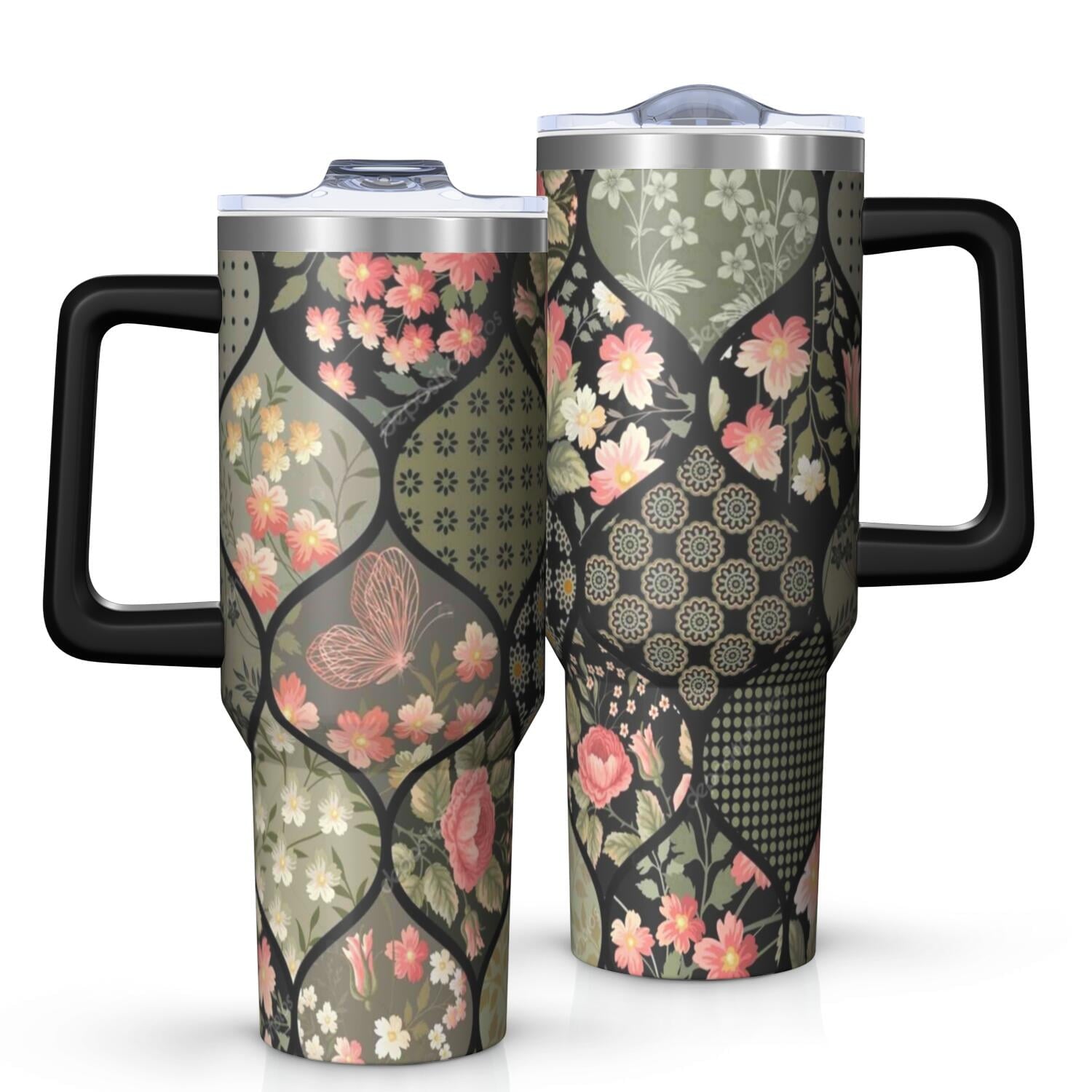 Homesteada™ OBREWU Flower Tumbler with Handle and Lid,40oz Flower Double Wall Vacuum Insulated Tumbler, Flower Cups Gift for Women and Men