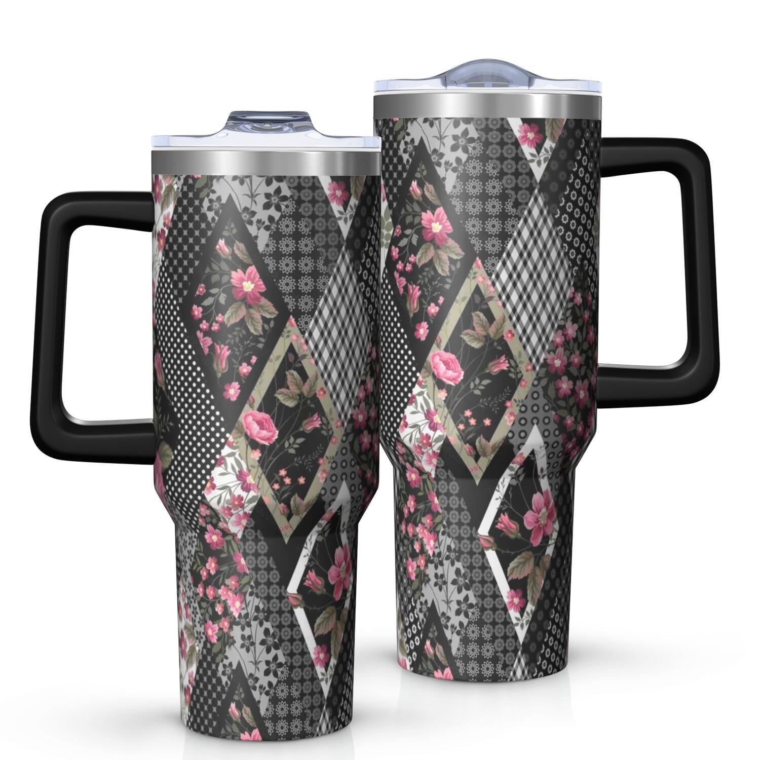 Homesteada™ OBREWU Flower Tumbler with Handle and Lid,40oz Flower Double Wall Vacuum Insulated Tumbler, Flower Cups Gift for Women and Men