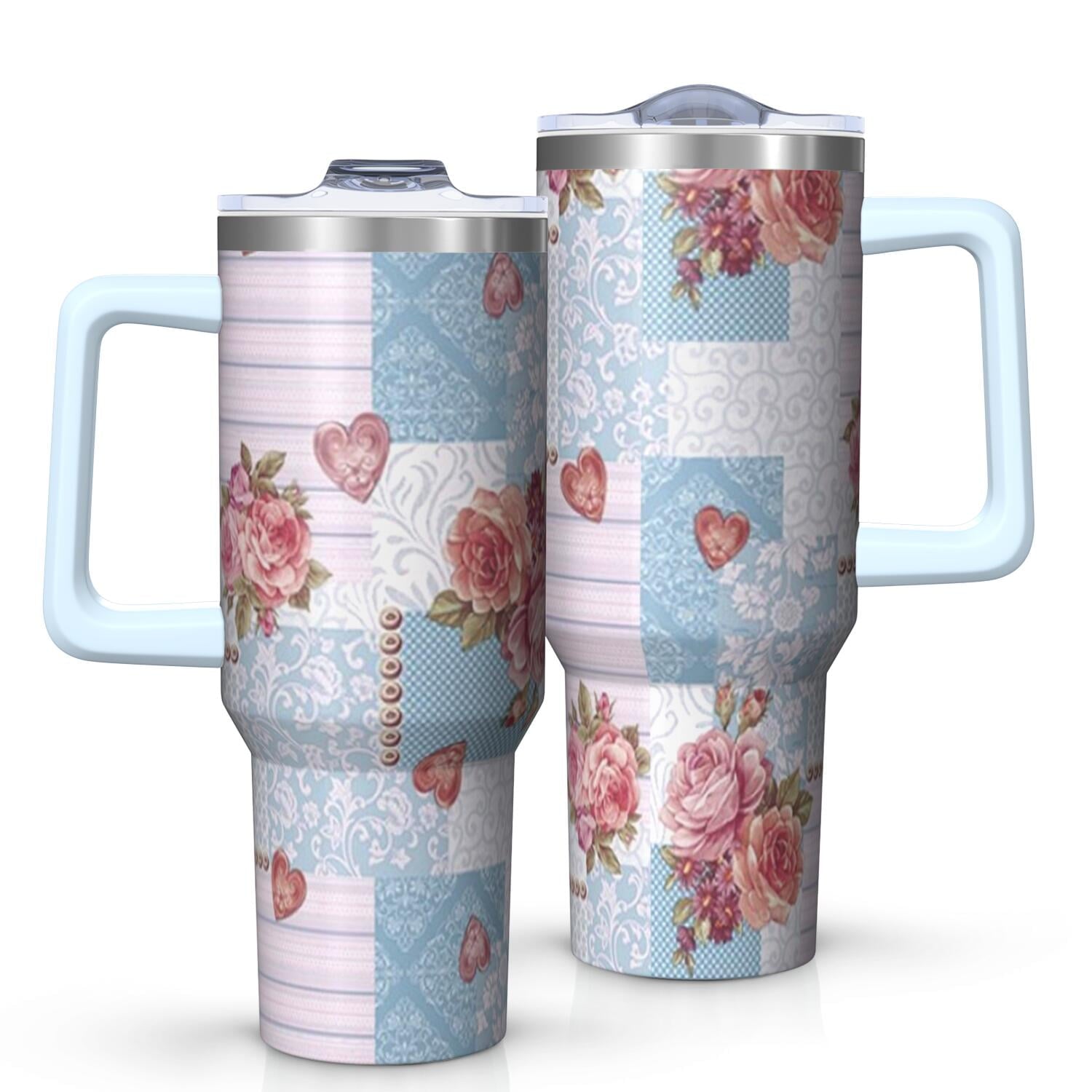 Homesteada™ OBREWU Flower Tumbler with Handle and Lid,40oz Flower Double Wall Vacuum Insulated Tumbler, Flower Cups Gift for Women and Men