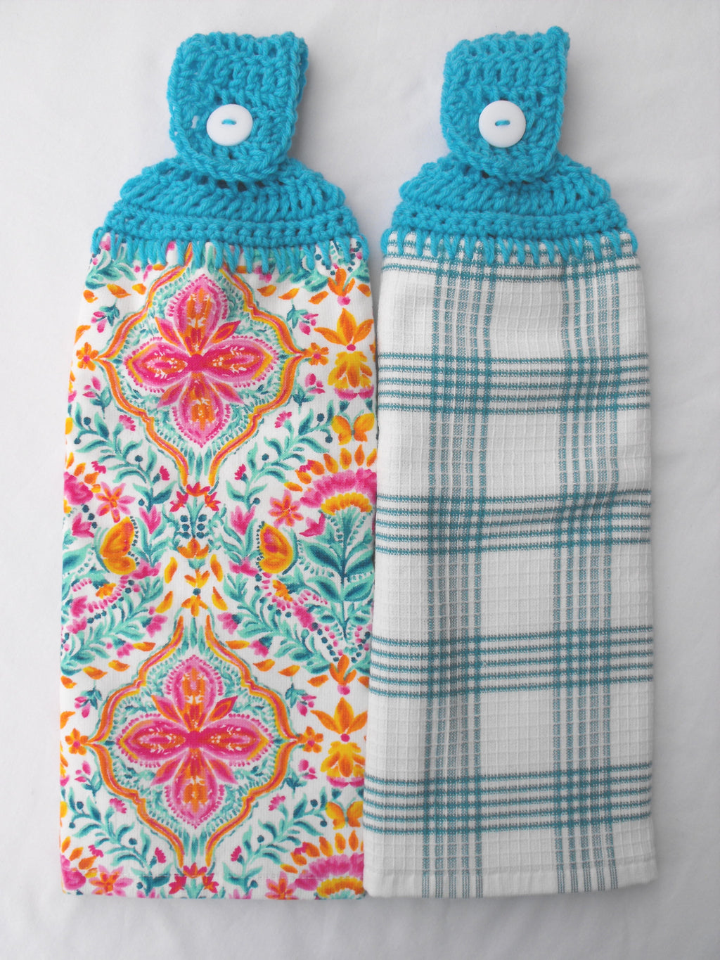 Homesteada™ Heritage Country FOLK GEO - 2 DOUBLE/FULL HANDMADE CROCHET TOP HANGING KITCHEN TOWEL - TURQUOISE TOPPER