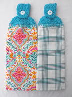 Homesteada™ Heritage Country FOLK GEO - 2 DOUBLE/FULL HANDMADE CROCHET TOP HANGING KITCHEN TOWEL - TURQUOISE TOPPER