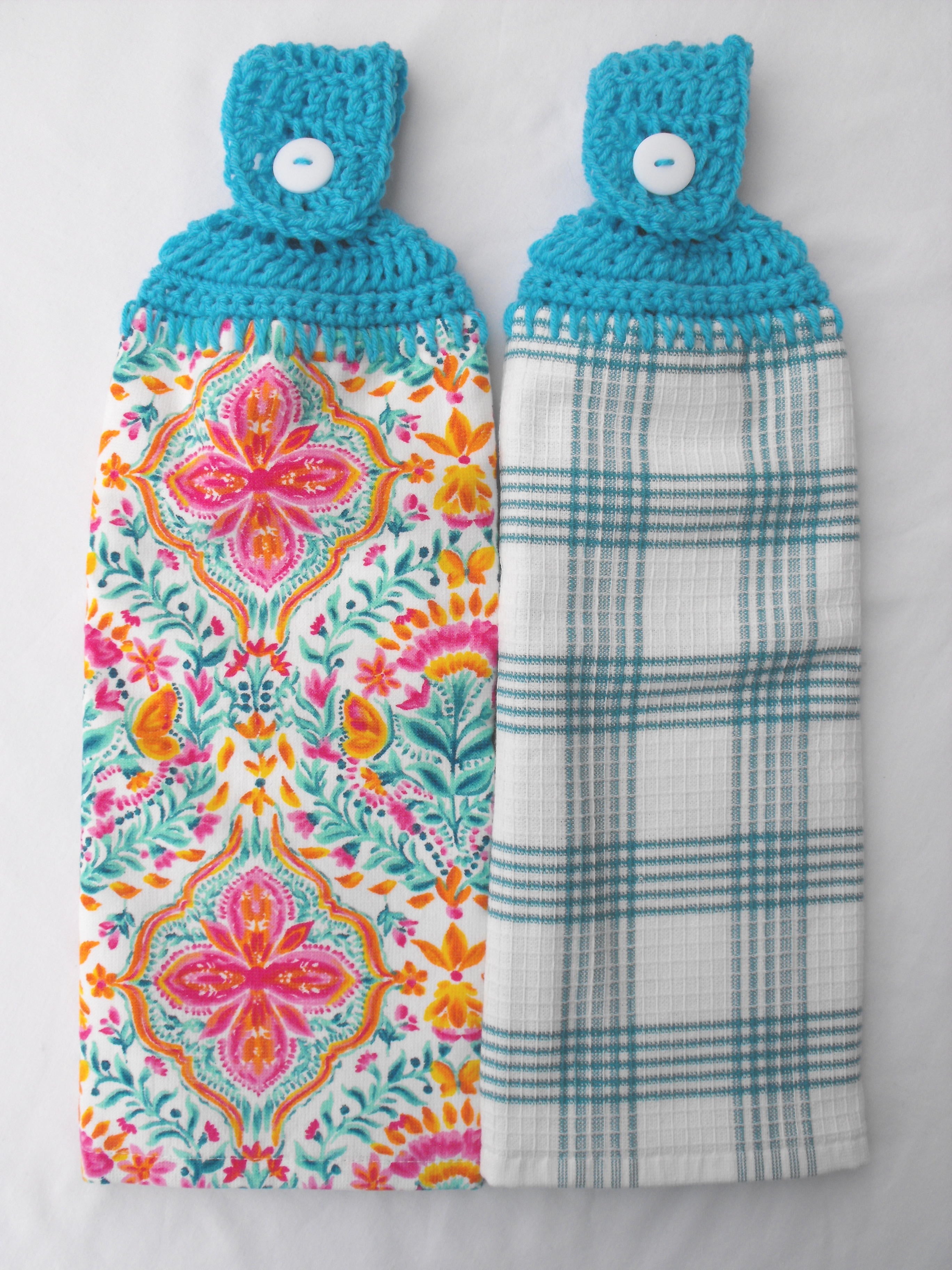Homesteada™ Heritage Country FOLK GEO - 2 DOUBLE/FULL HANDMADE CROCHET TOP HANGING KITCHEN TOWEL - TURQUOISE TOPPER