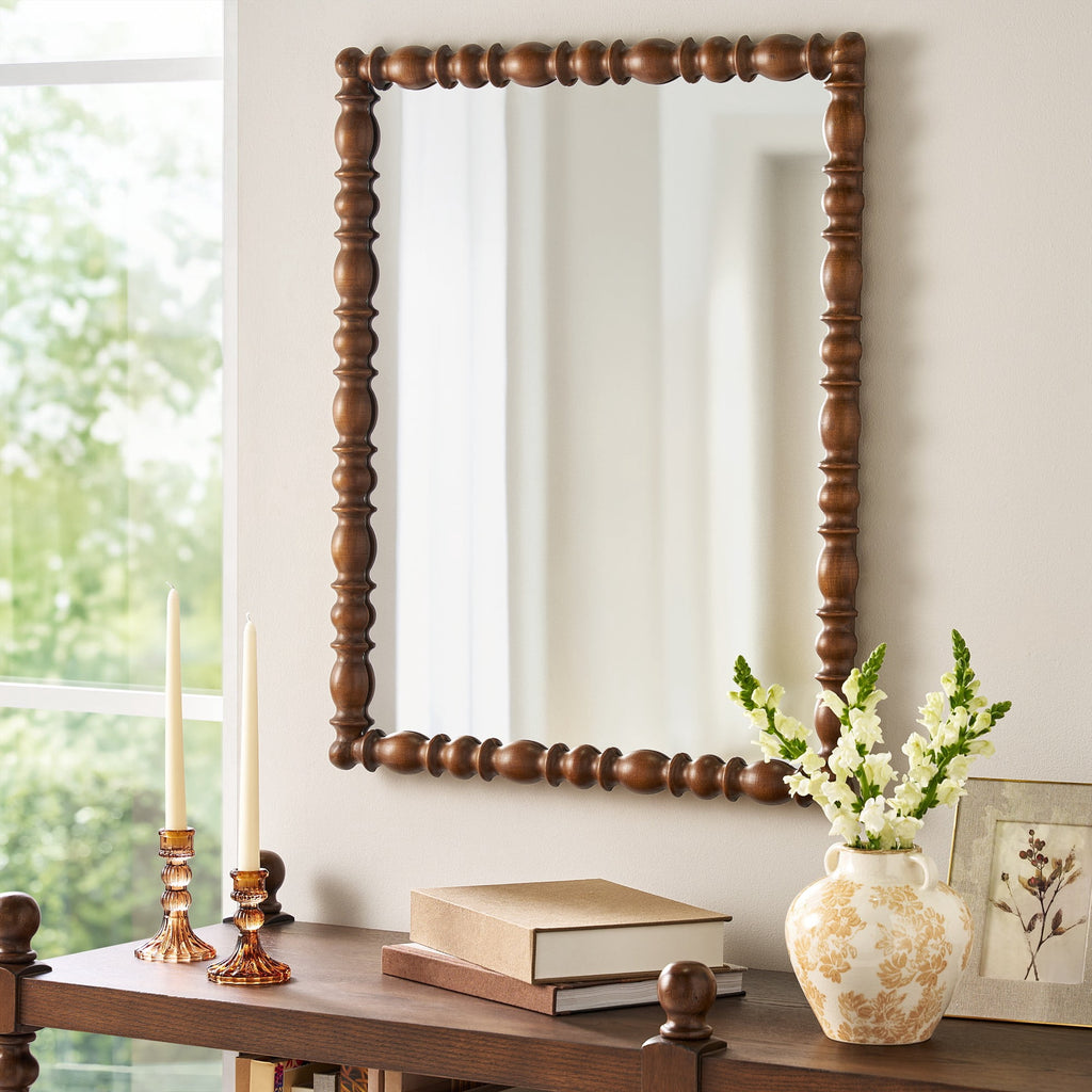 Homesteada™ Harper Spindle Wood Decorative Wall Mirror, Beaded Turned Wood Mirror, Rustic Brown 24x30