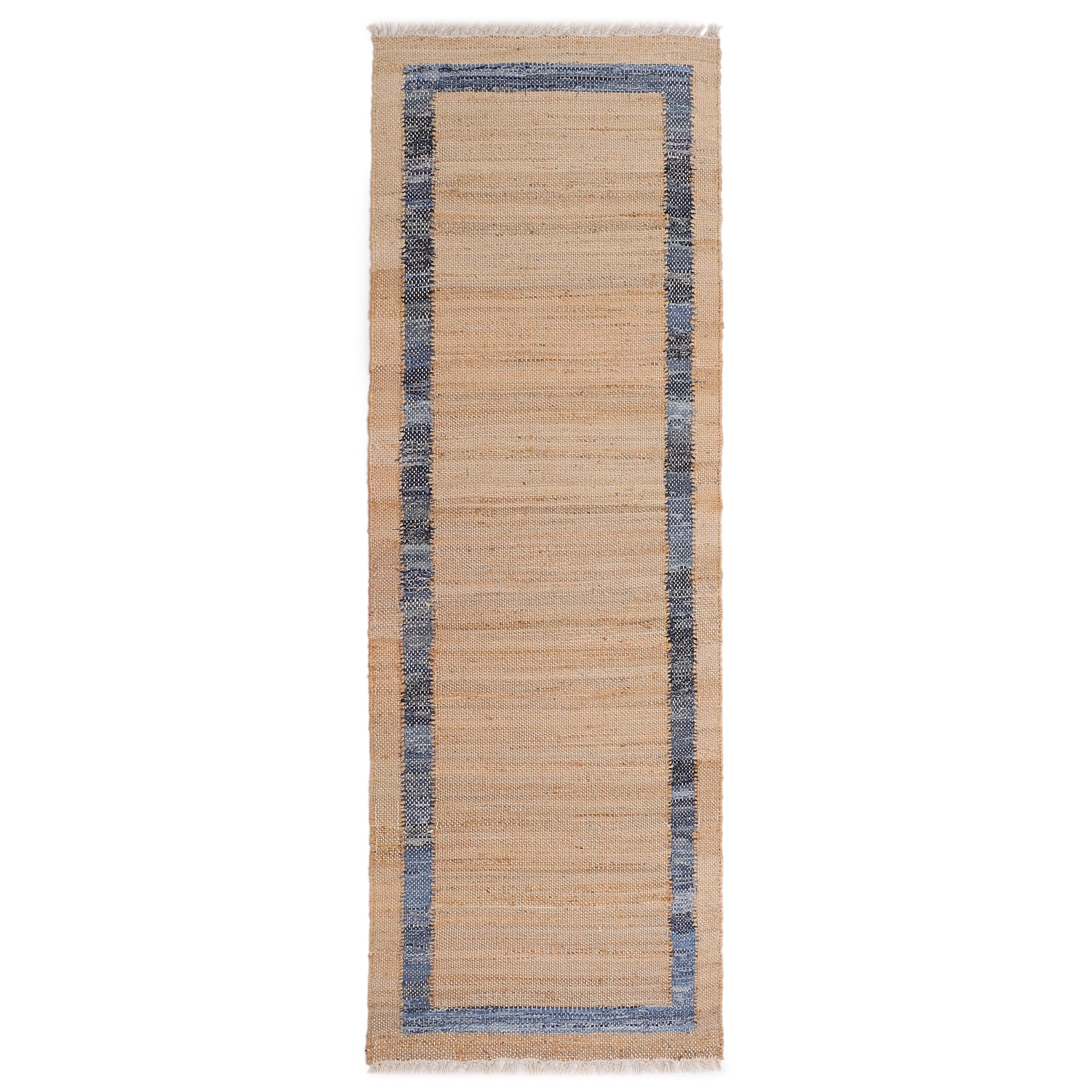 Homesteada™ Denim Jute Runner Rug, Natural with Blue Border, 30 x 96 Inches
