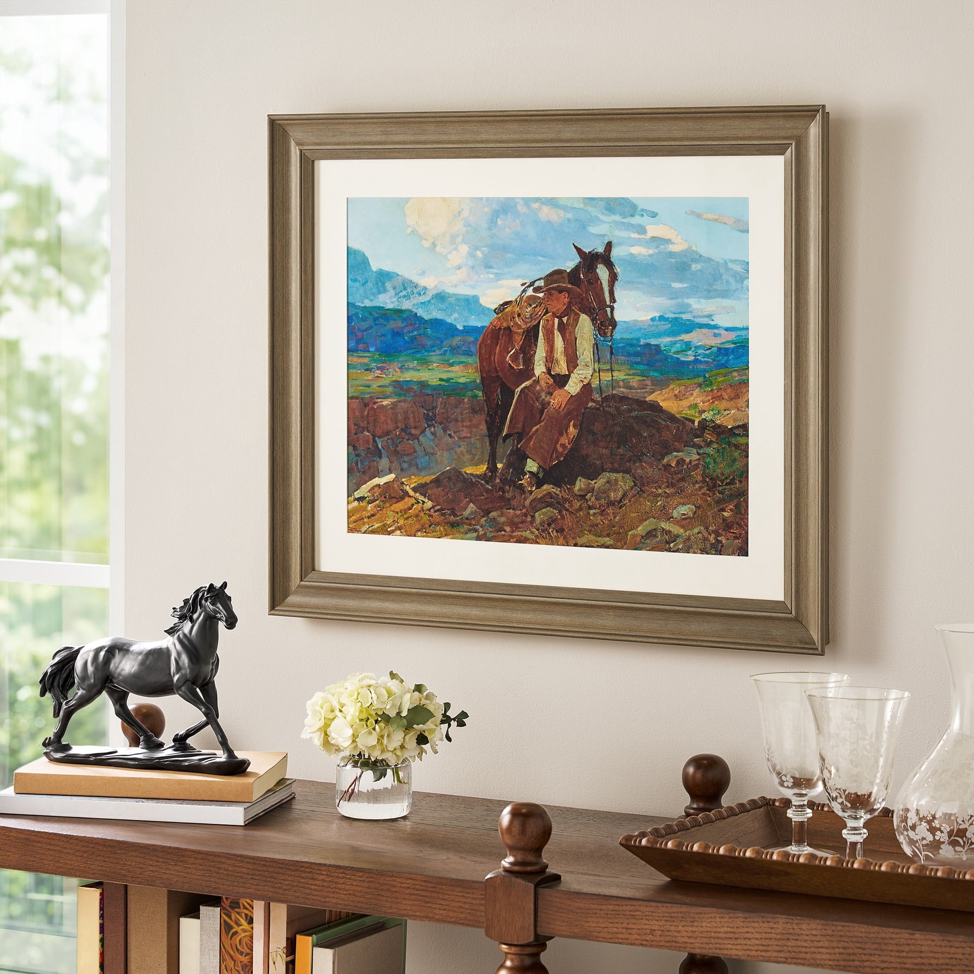 Homesteada™ Frank Tenney Johnson "An Idle Dreamer" Framed Western Wall Art Print, Cowboy and Horse Landscape Artwork, Matted Rustic Ranch Decor, Ready to Hang Framed Art for Living Room