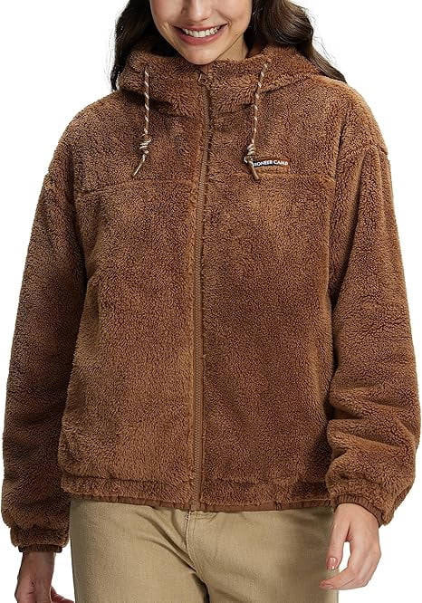 Homesteada™ Camp Women's Fuzzy Fleece Jacket Lightweight Full Zip Up Sherpa Jacket with Hood Warm Soft Fall Winter Coat Hoodie