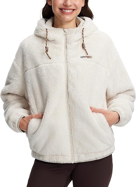 Homesteada™ Camp Women's Fuzzy Fleece Jacket Lightweight Full Zip Up Sherpa Jacket with Hood Warm Soft Fall Winter Coat Hoodie
