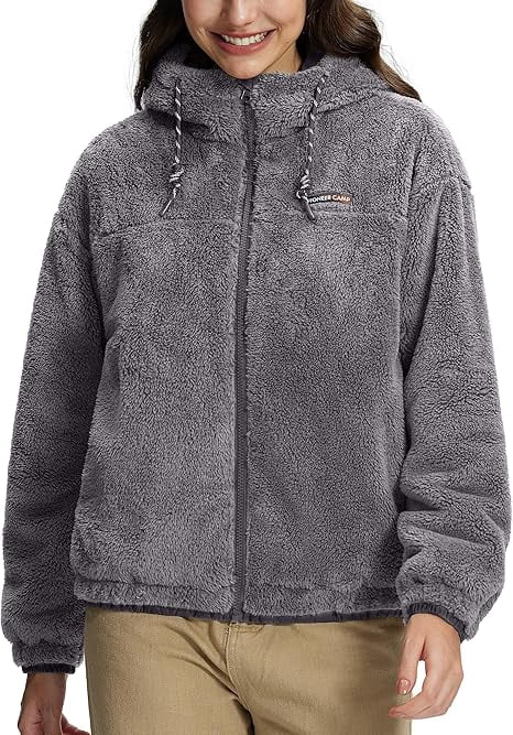 Homesteada™ Camp Women's Fuzzy Fleece Jacket Lightweight Full Zip Up Sherpa Jacket with Hood Warm Soft Fall Winter Coat Hoodie