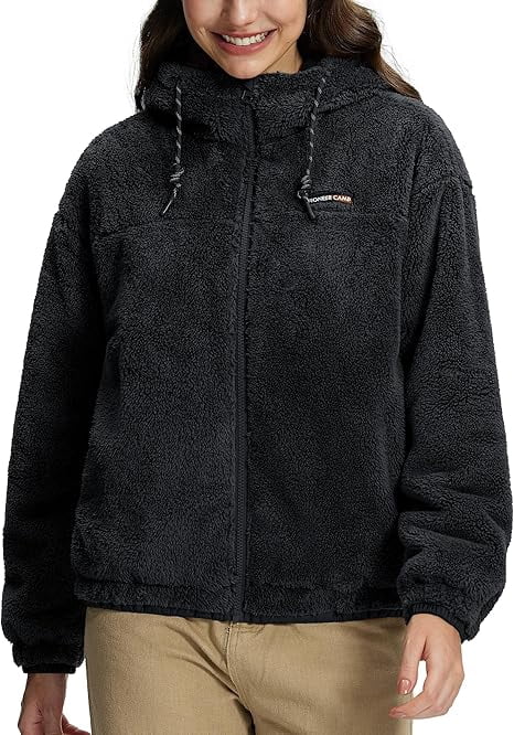 Homesteada™ Heritage Country Camp Women's Fuzzy Fleece Jacket Lightweight Full Zip Up Sherpa Jacket with Hood Warm Soft Fall Winter Coat Hoodie