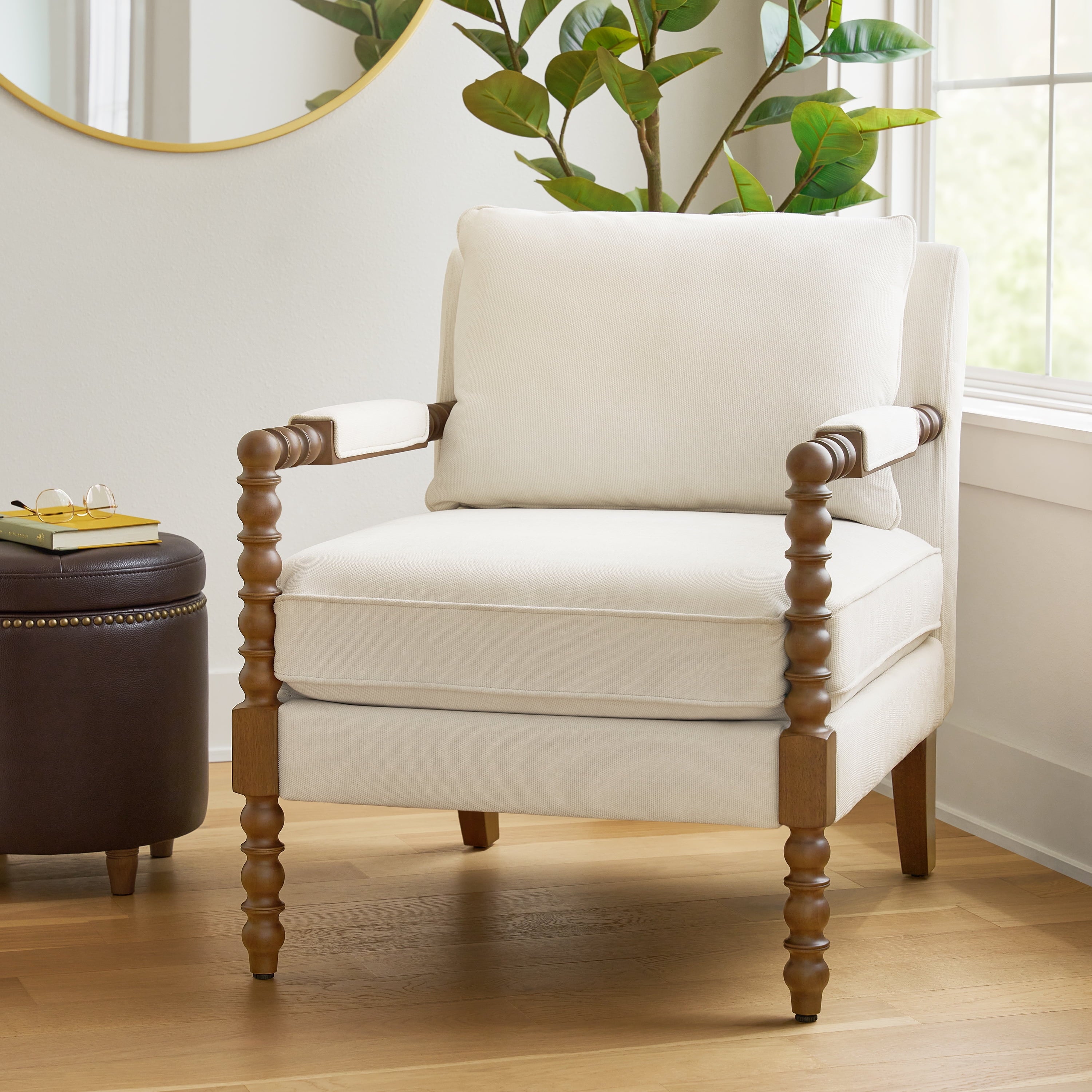 Homesteada™ Harper Spindle Accent Chair, Antique White Fabric Upholstery