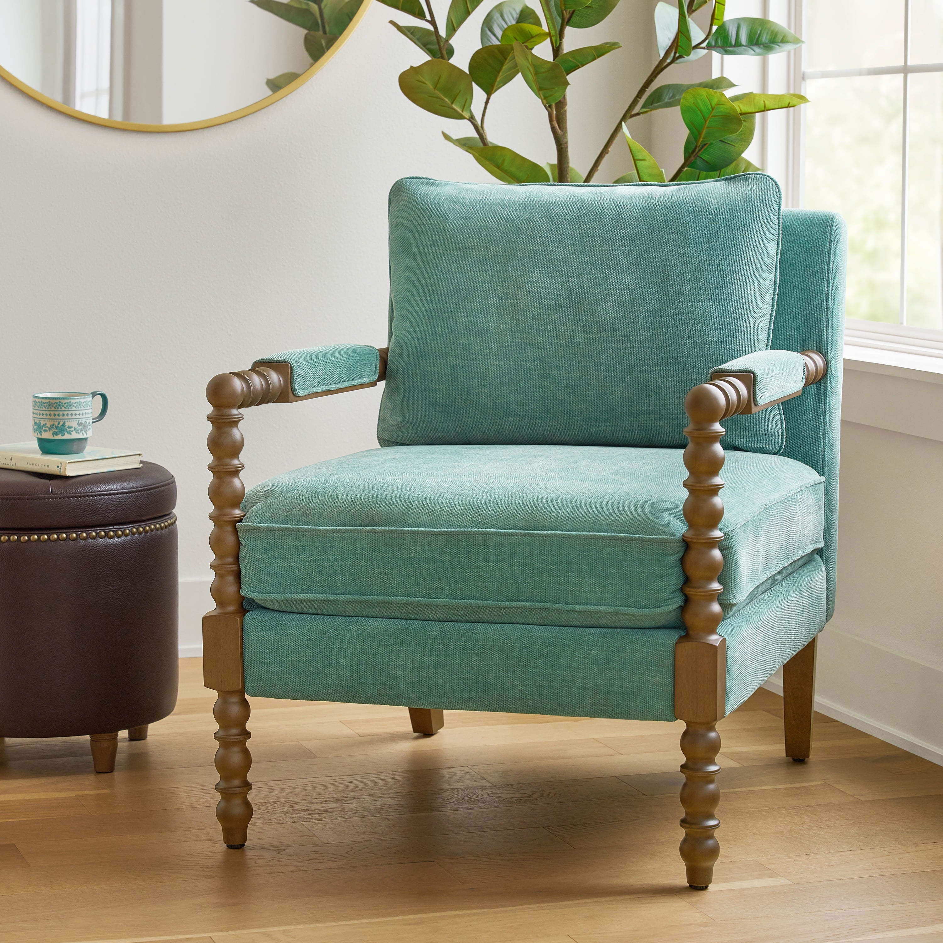 Homesteada™ Harper Spindle Accent Chair, Antique White Fabric Upholstery