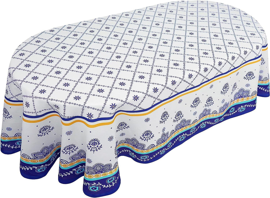 Homesteada™ Polish Pottery Style Tablecloth, Blue Ceramic Table Cloth, Farmhouse Tablecover for Oval Tables 60 x 84, Perfect for Kitchen Dinner, Restaurant,Holiday Picnic Party Table Cover
