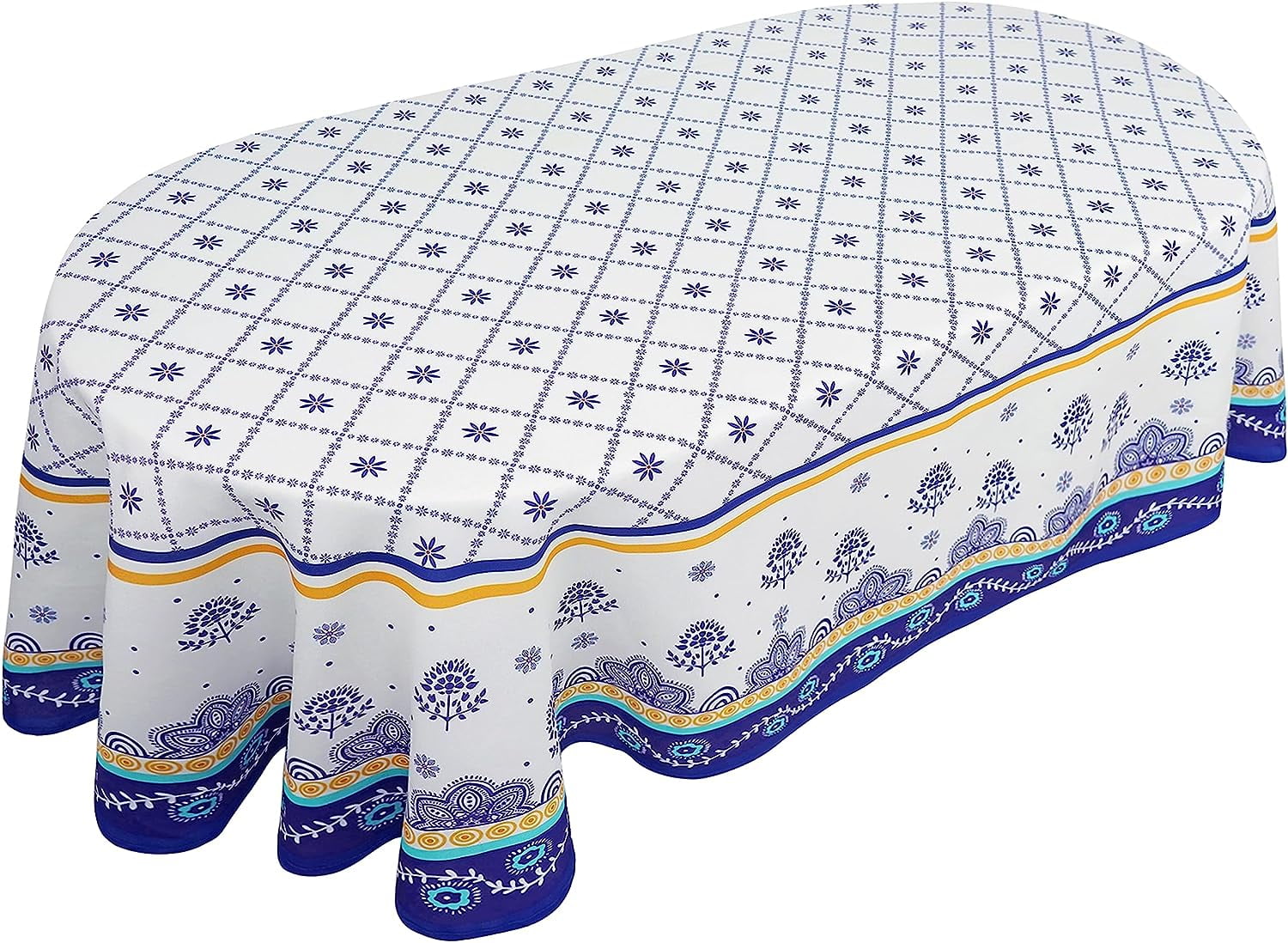 Homesteada™ Polish Pottery Style Tablecloth, Blue Ceramic Table Cloth, Farmhouse Tablecover for Oval Tables 60 x 84, Perfect for Kitchen Dinner, Restaurant,Holiday Picnic Party Table Cover