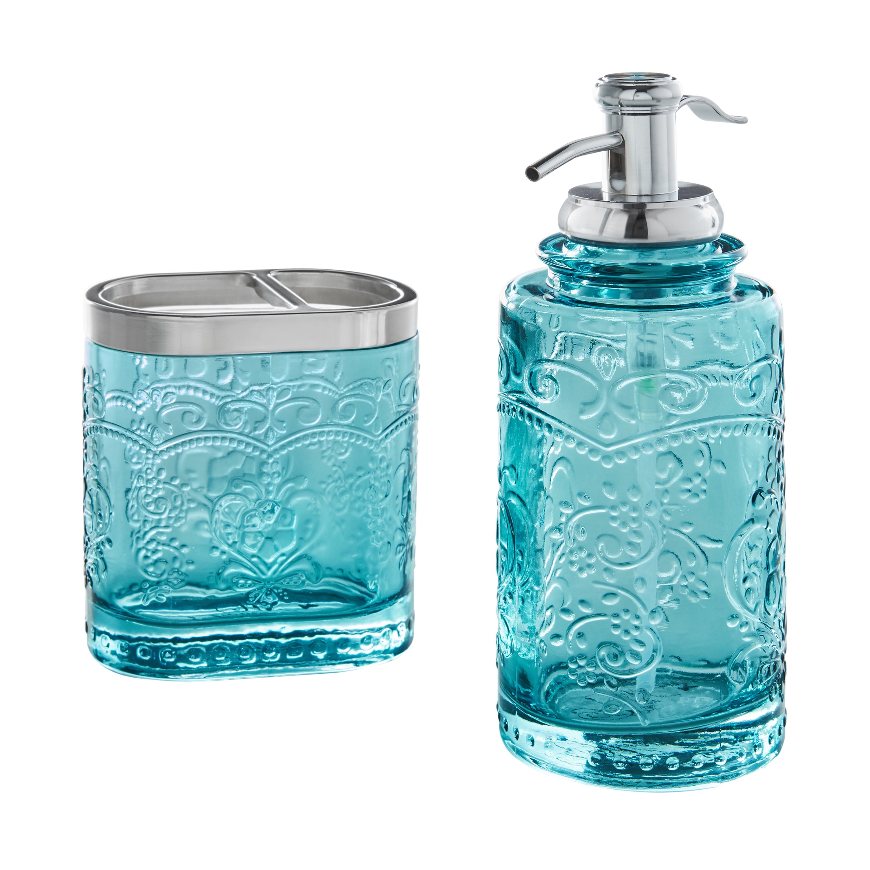 Homesteada™ Teal 2 Piece Embossed Glass Bath Accessory Set, Homesteada™ Amelia