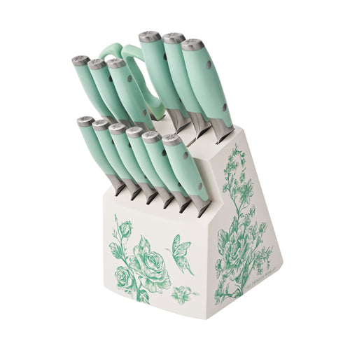 Homesteada™ 14 Pieces Knife Set with Decal Block Stainless Steel Knives, Forged, Green Agatha