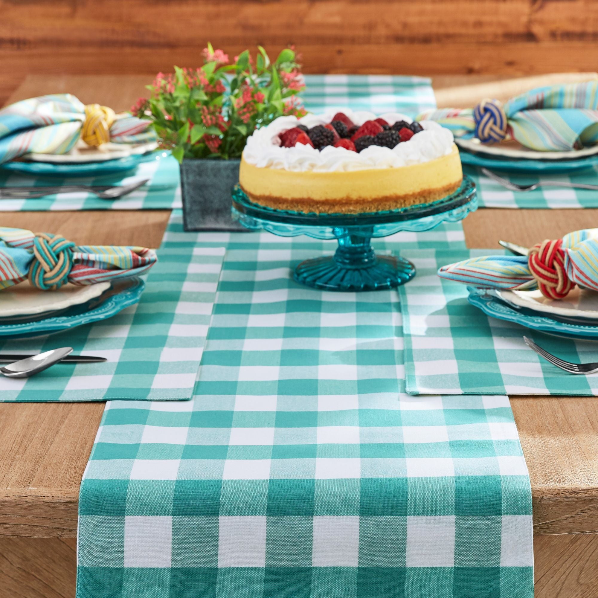 Homesteada™ Charming Check Placemat, Table Runner, Napkin, and Napkin Ring Set, 13 Piece, Teal