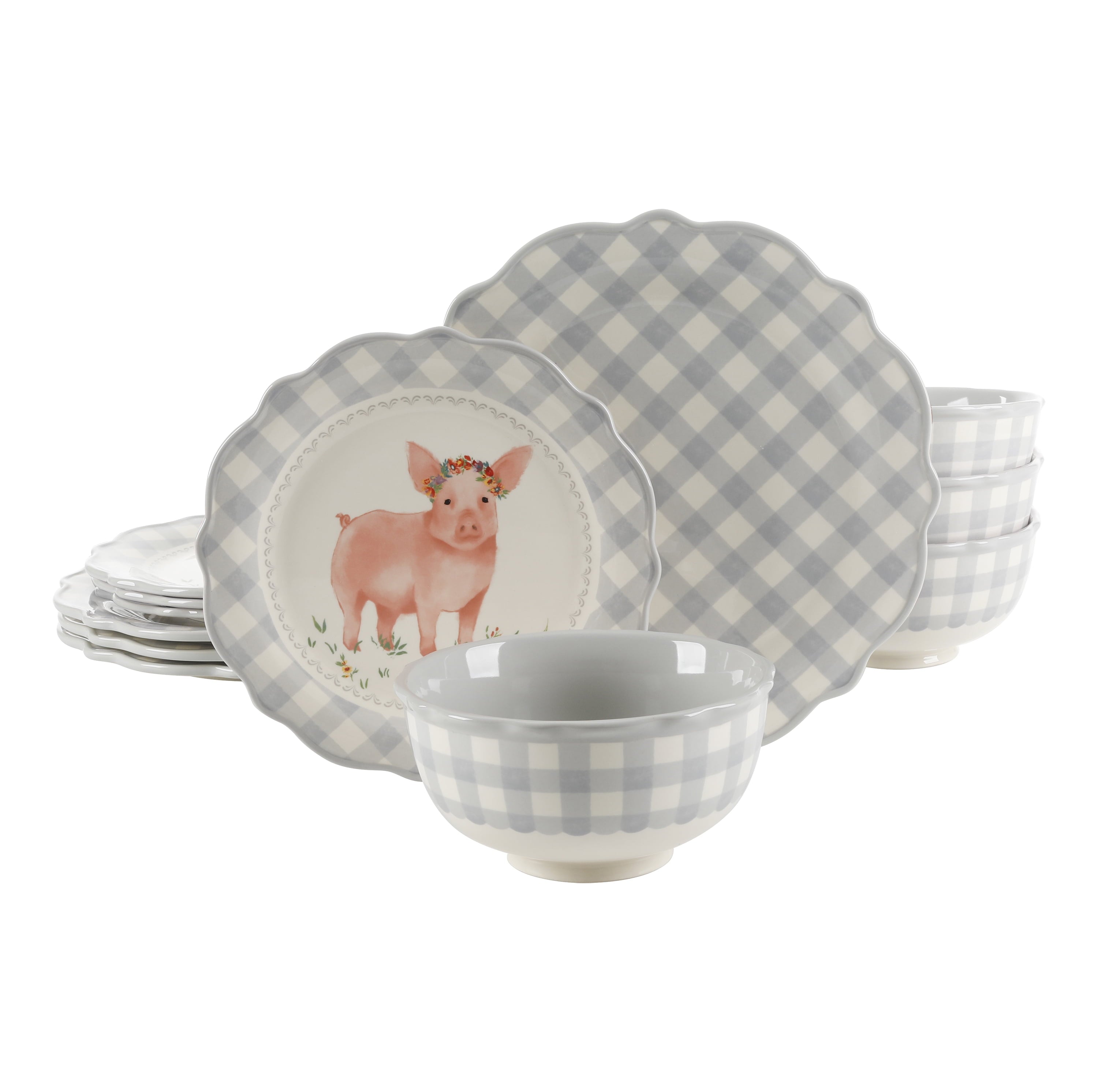 Homesteada™ Gingham 12-Piece Ceramic Dinnerware Set, Gray