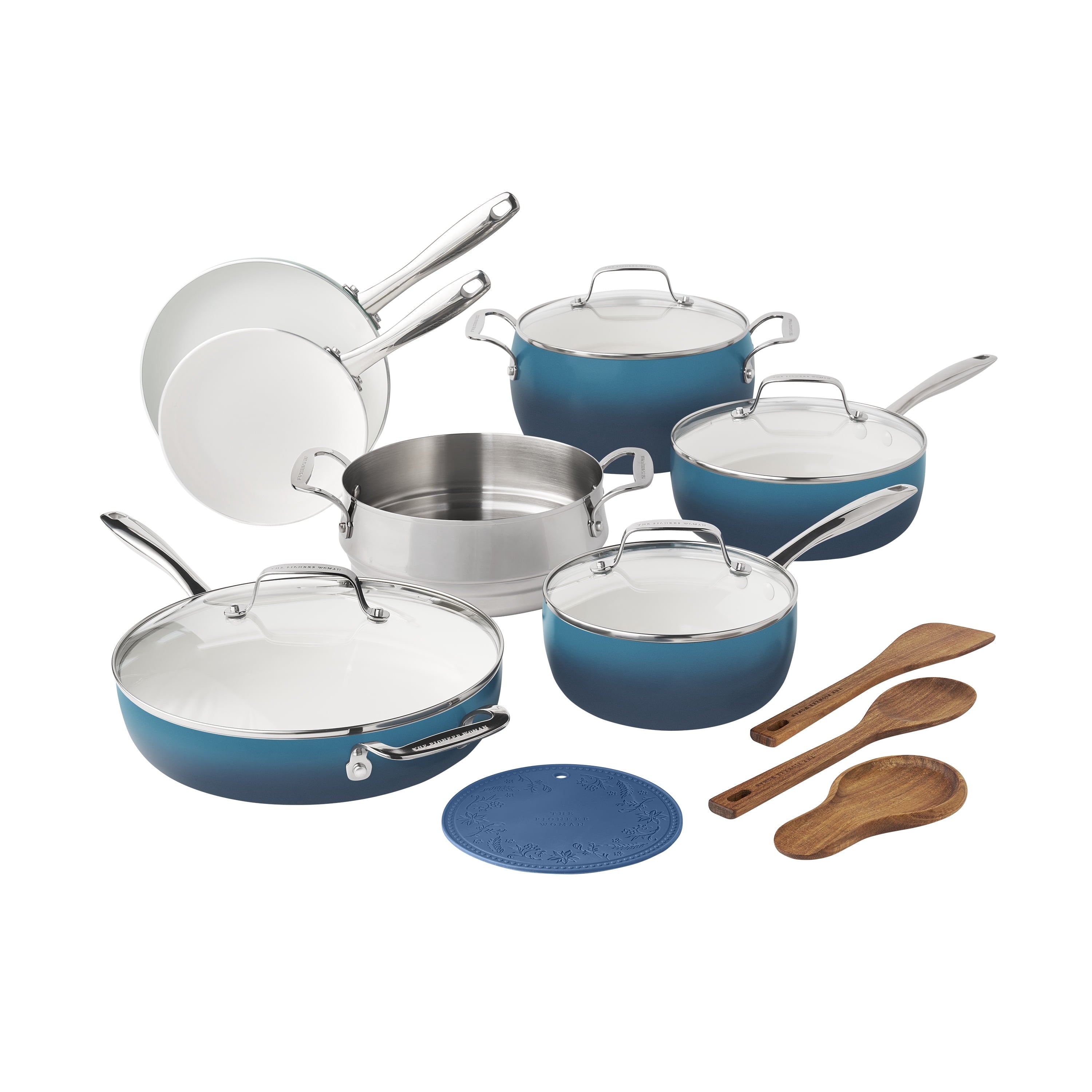 Homesteada™ Harlow 15-Piece Cookware Set, Ceramic Non-Stick Pots and Pans Set, Denim Blue