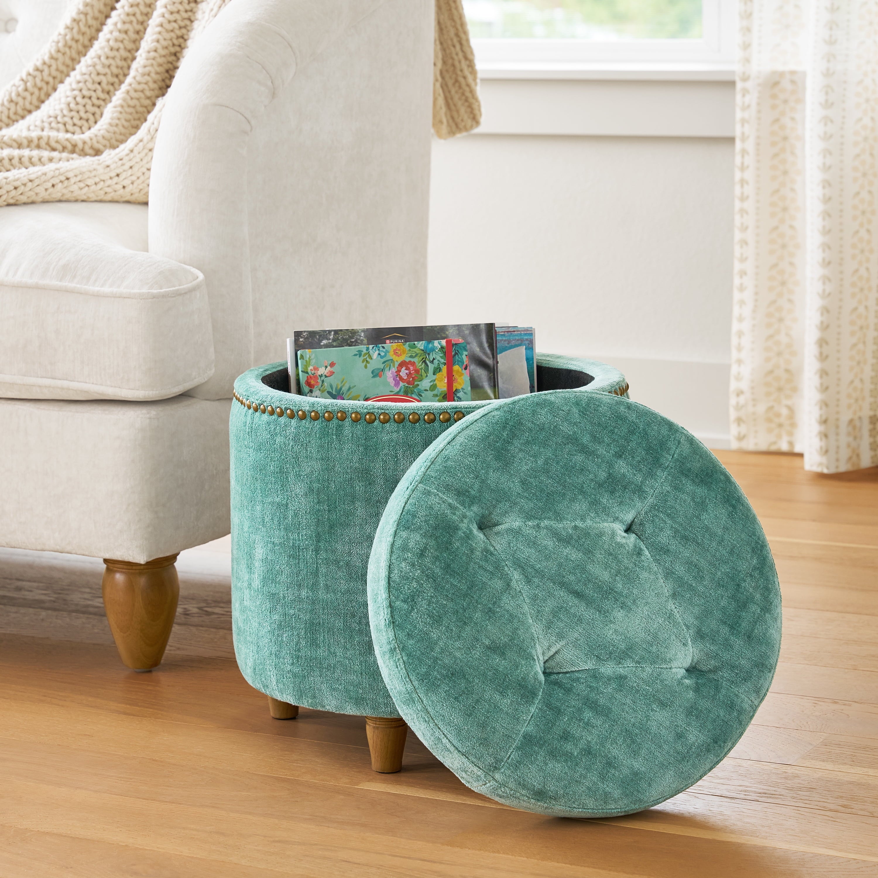 Homesteada™ Harper Round Velvet Storage Ottoman, Jade, 17.72 in