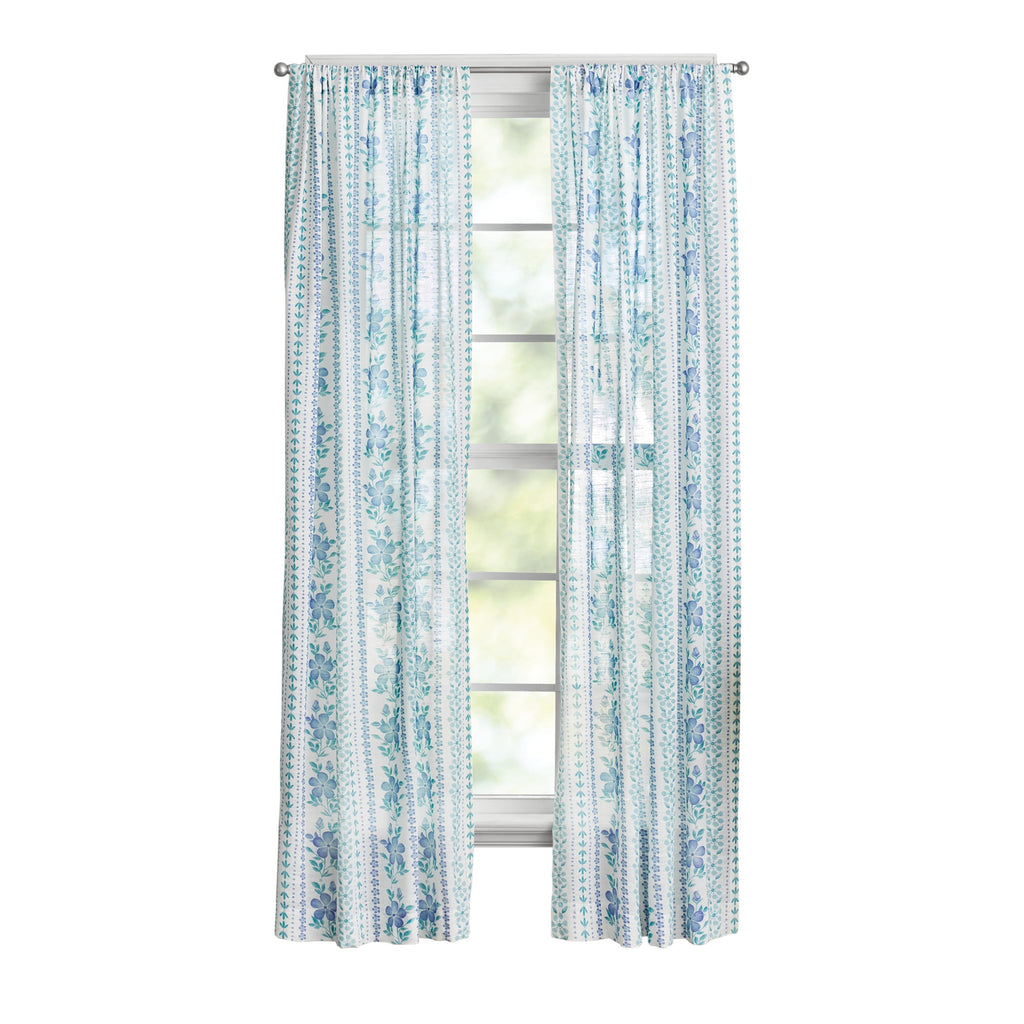 Homesteada™ Hattie Stripe 2 Pack Curtain Panel, BCI Cotton, Floral, Blue, RodPocket, 40" W x 84" L