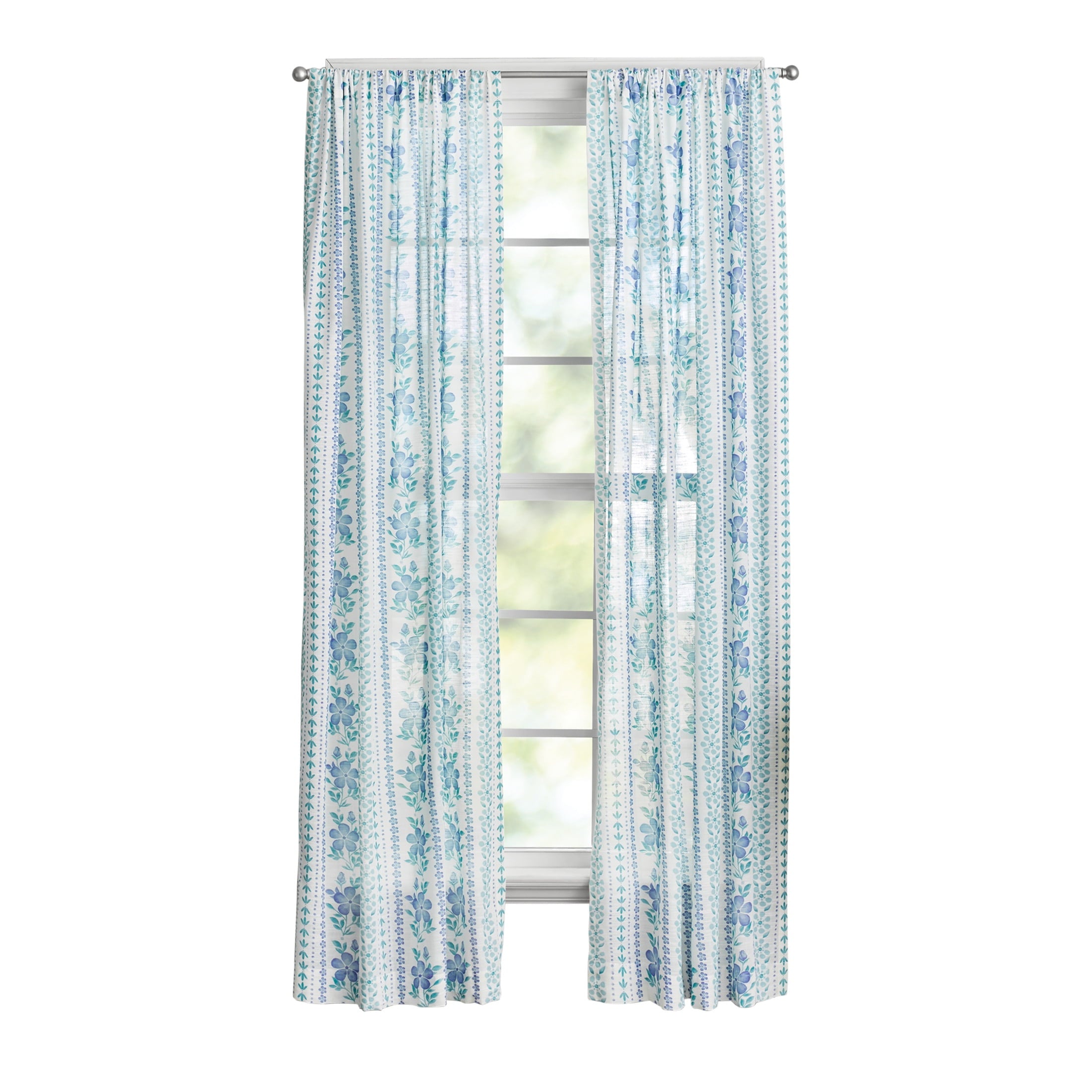 Homesteada™ Hattie Stripe 2 Pack Curtain Panel, BCI Cotton, Floral, Blue, RodPocket, 40" W x 84" L
