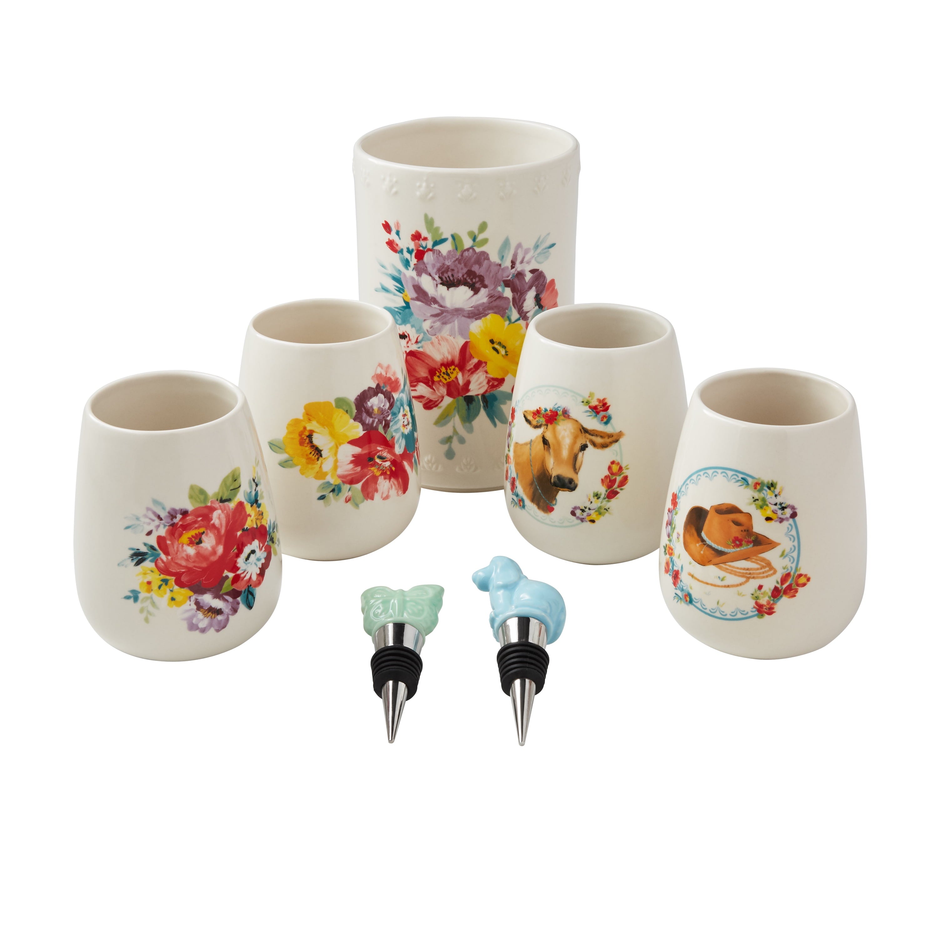 Homesteada™ Sweet Rose 7-Piece Stoneware Stemless Wine Glasses Set with Chiller