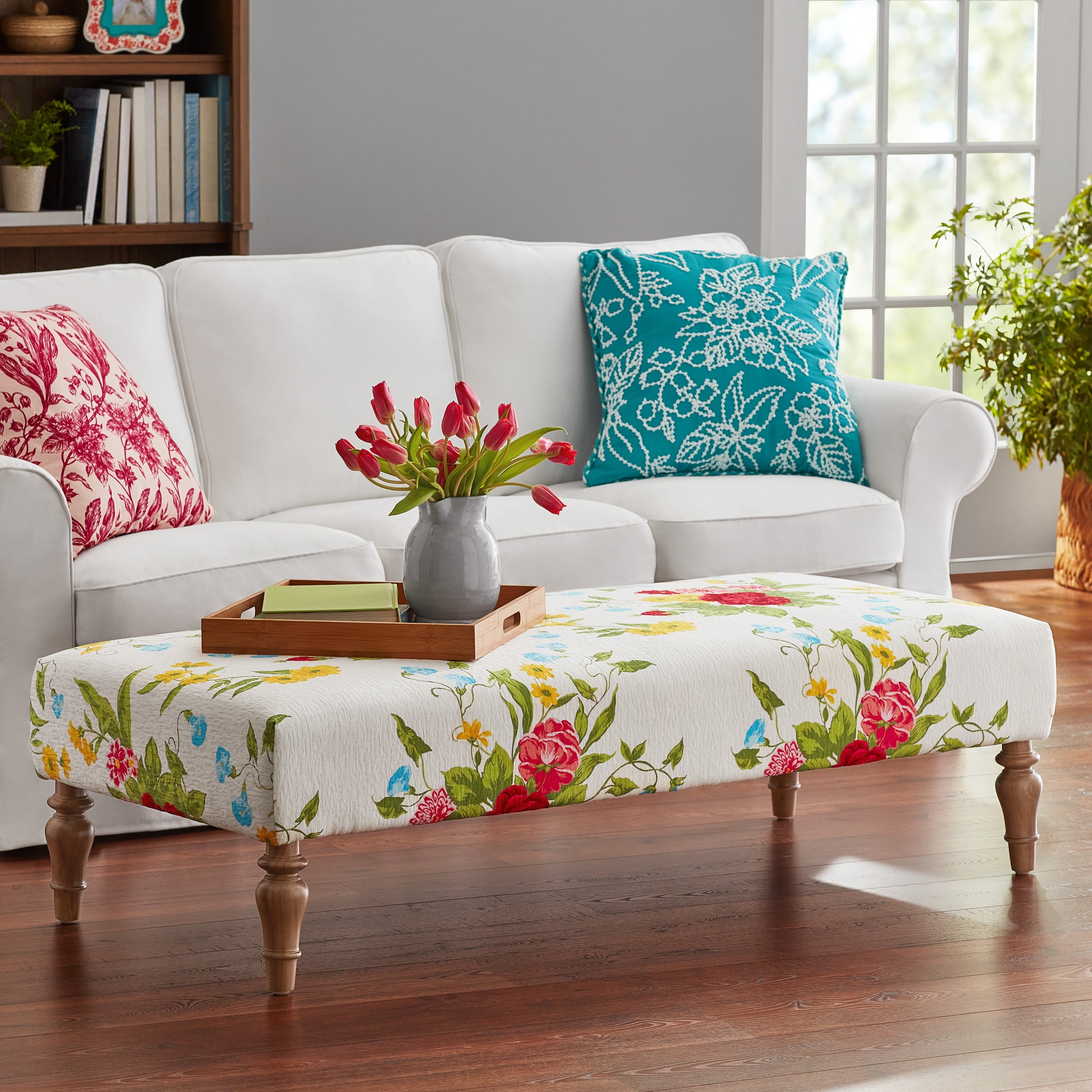 Homesteada™ Vintage Floral Fabric Rectangular Ottoman, White