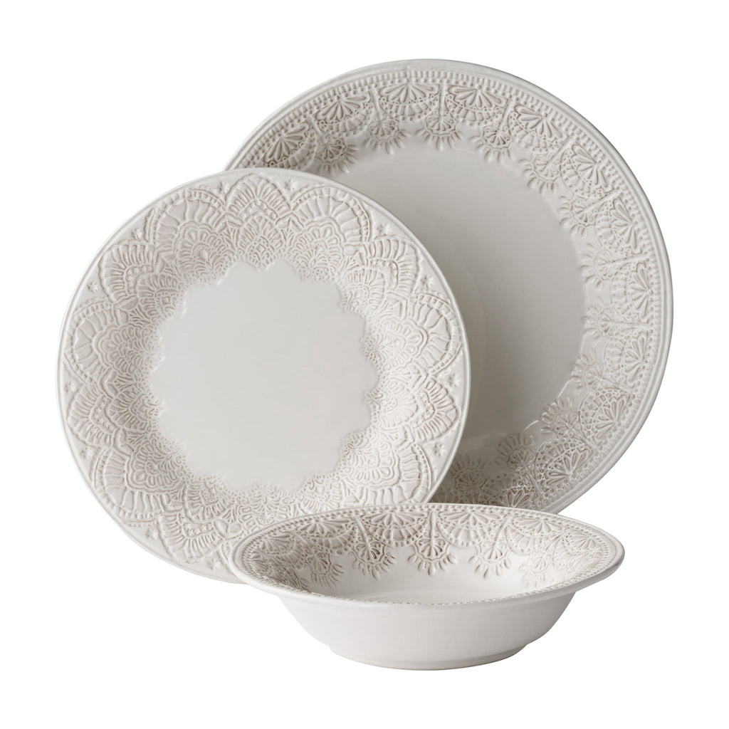 Homesteada™ Vintage Lace 12-Piece Ceramic Dinnerware Set, Linen