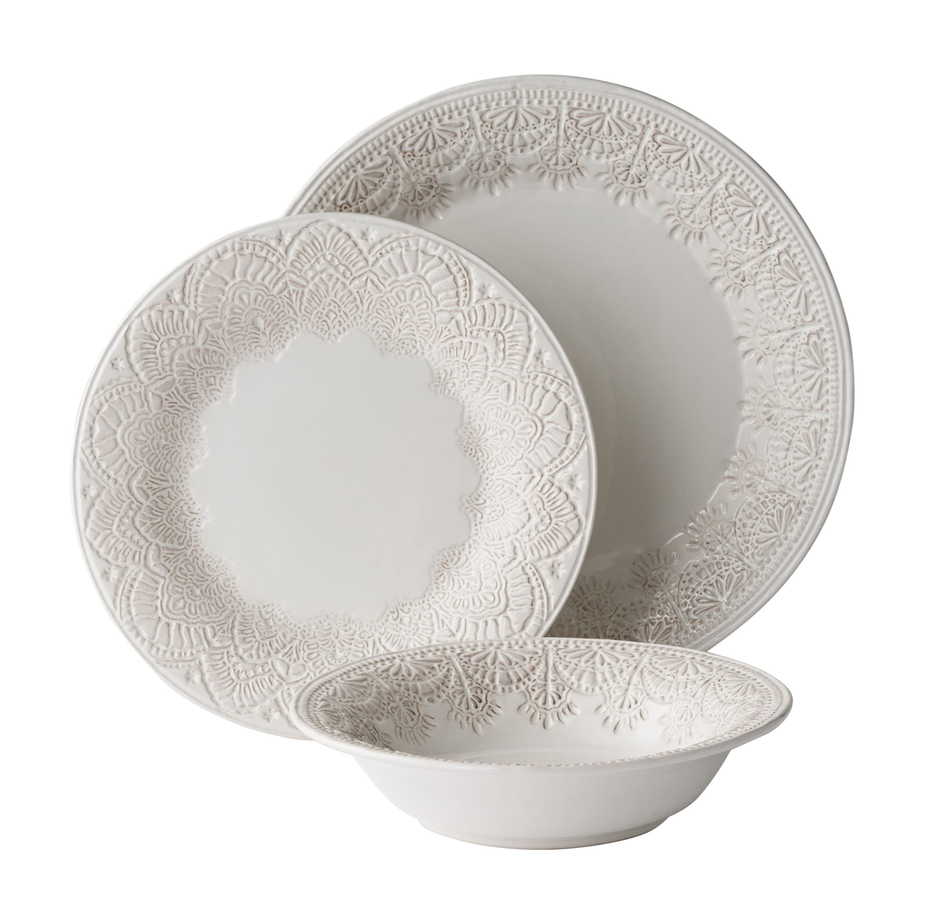 Homesteada™ Vintage Lace 12-Piece Ceramic Dinnerware Set, Linen