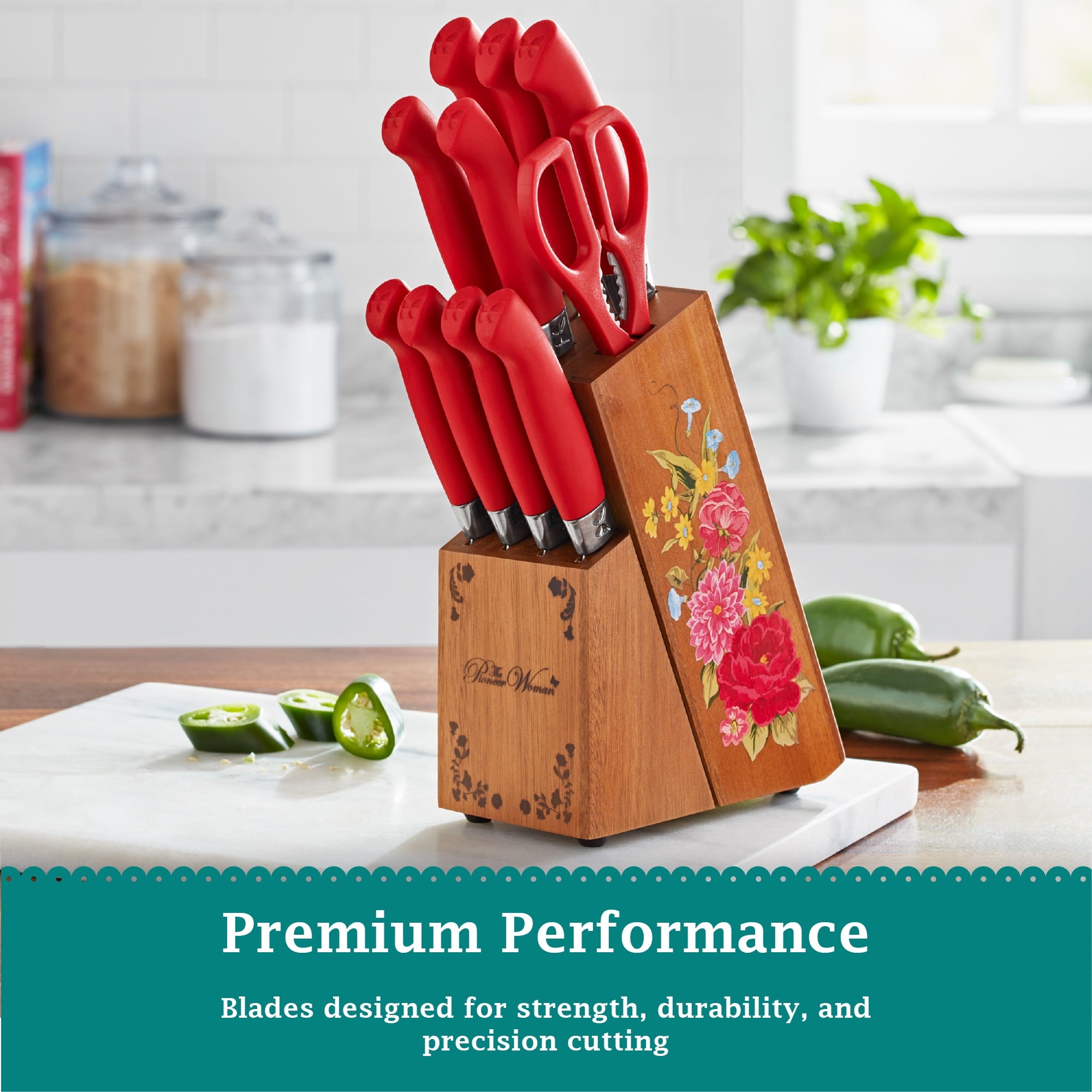 Homesteada™ Sweet Rose 11-Piece Stainless Steel Knife Block Set, Red