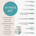 Homesteada™ 14 Pieces Knife Set with Decal Block Stainless Steel Knives, Forged, Green Agatha