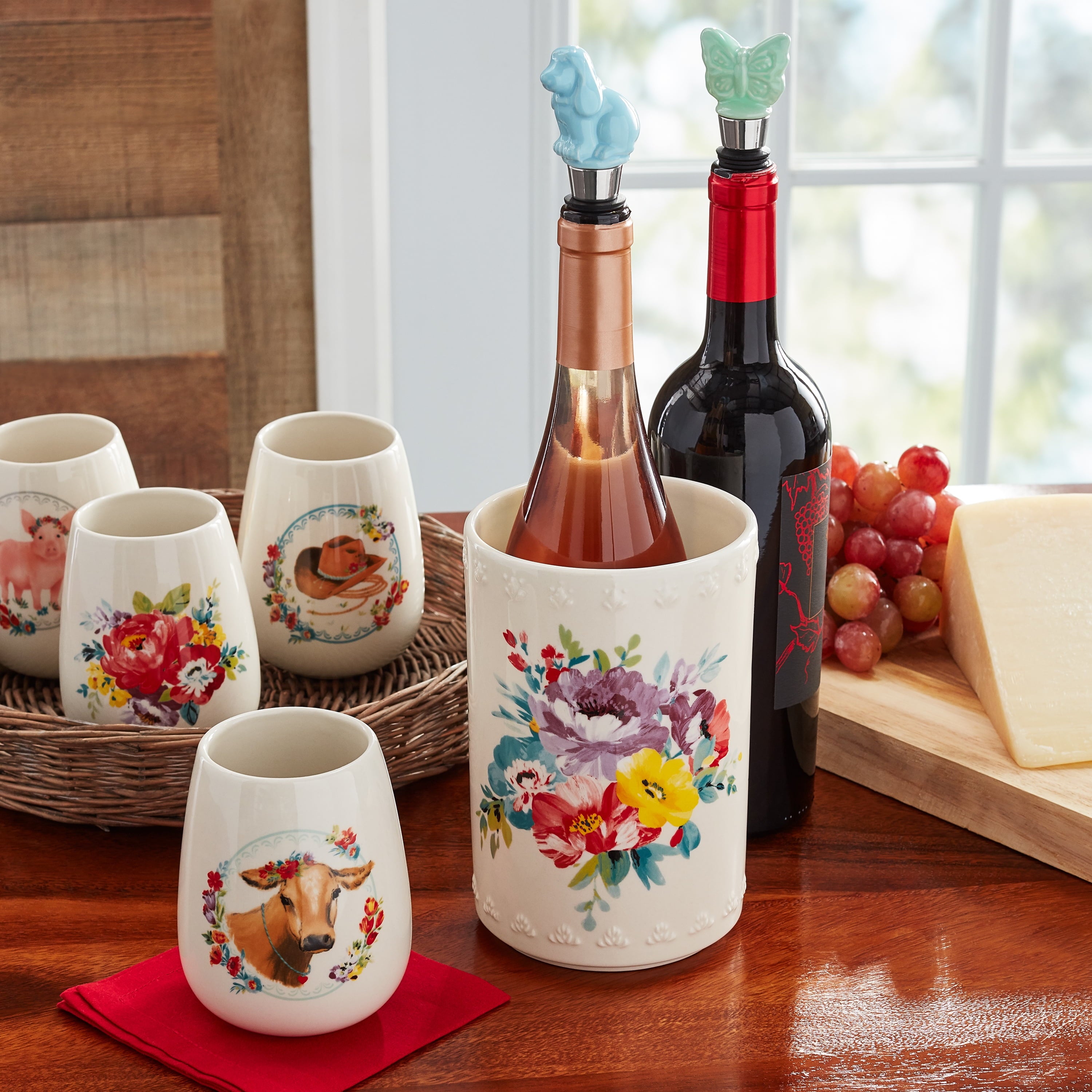 Homesteada™ Sweet Rose 7-Piece Stoneware Stemless Wine Glasses Set with Chiller