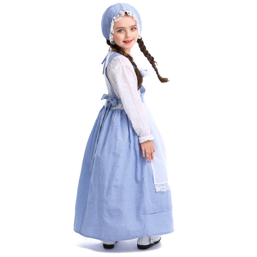 Homesteada™ Girls Heritage Country Costume Long Sleeve Dress with Apron colonial bonnet for 3-12Y