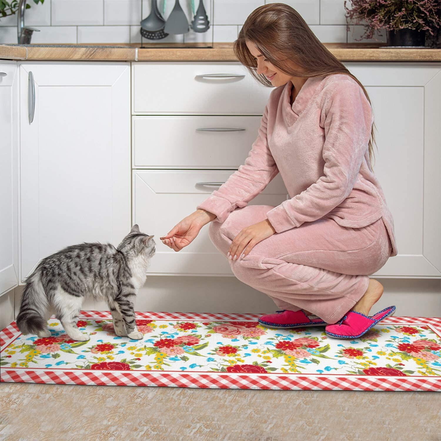 Homesteada™ Flower Kitchen Mat Sets 2 Piece Farmhouse Anti Fatigue Waterproof Stain Resistant Floor Rug Non Slip Homesteada™ Vintage Floral Kitchen Laundry Room Rug - 17x30+17x47Inch