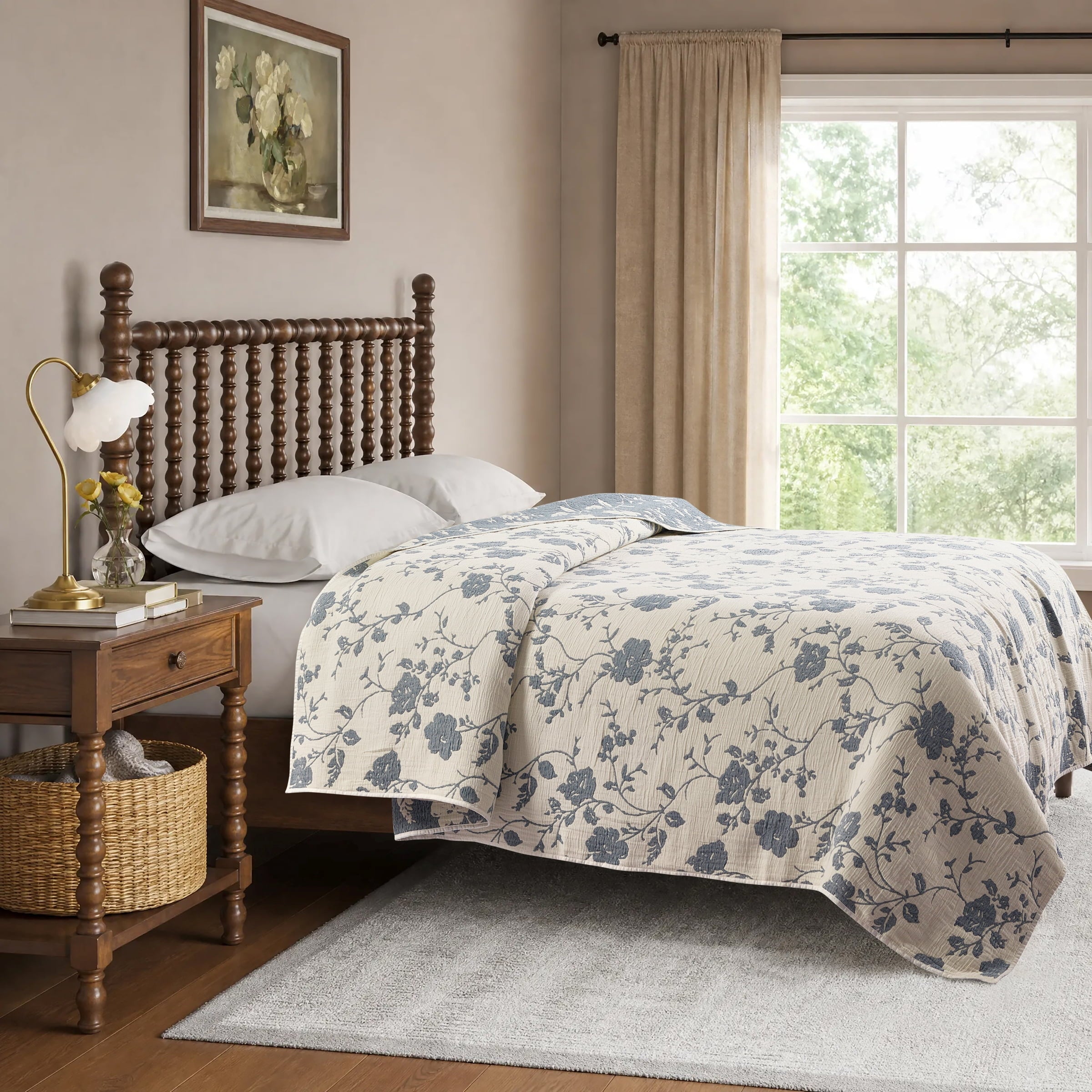 Homesteada™ Agatha Floral Gauze Quilt, Full/Queen, Blue Dust, Reversible Bedding