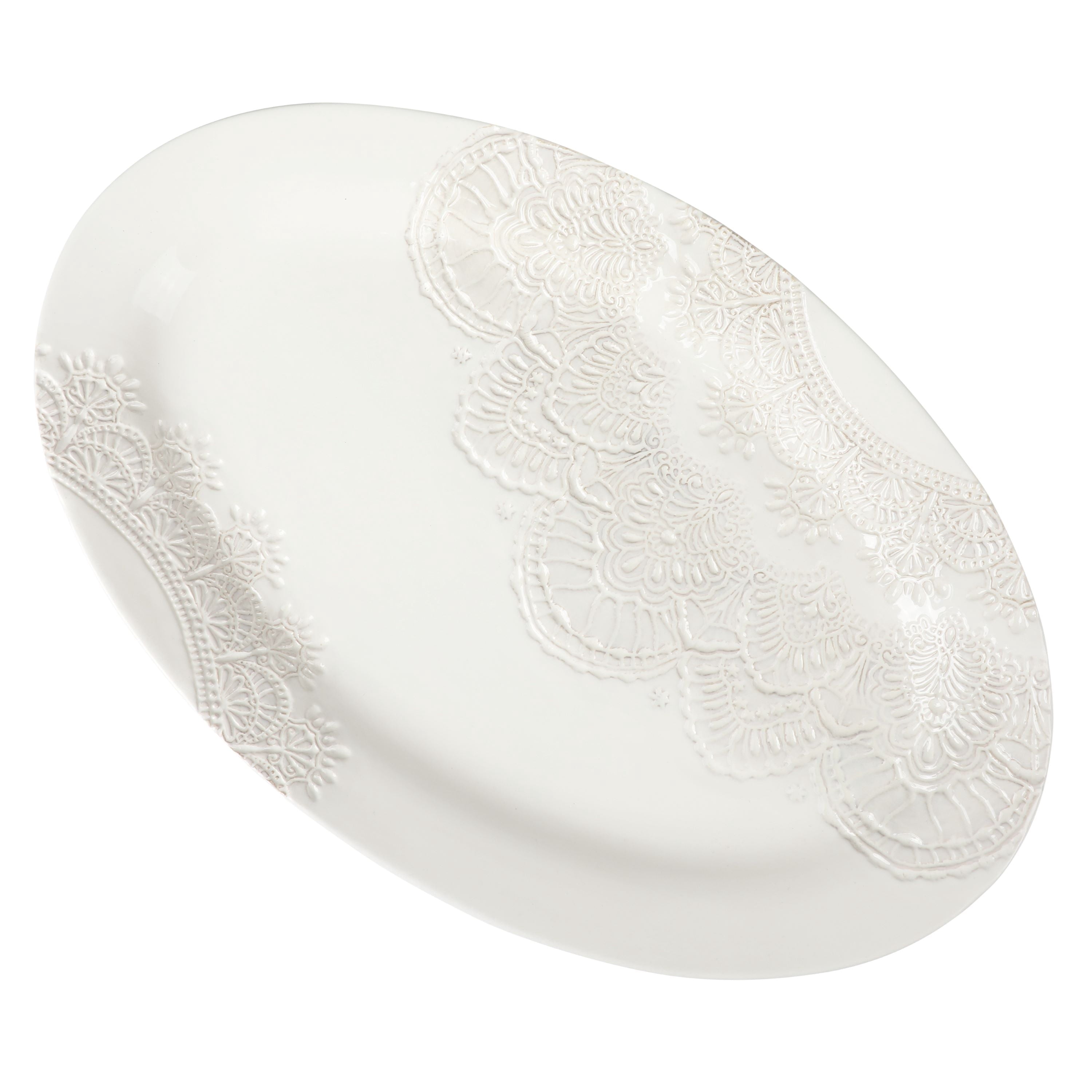 Homesteada™ Vintage Lace 20-inch Stoneware Oval Serving Tray Platter, White