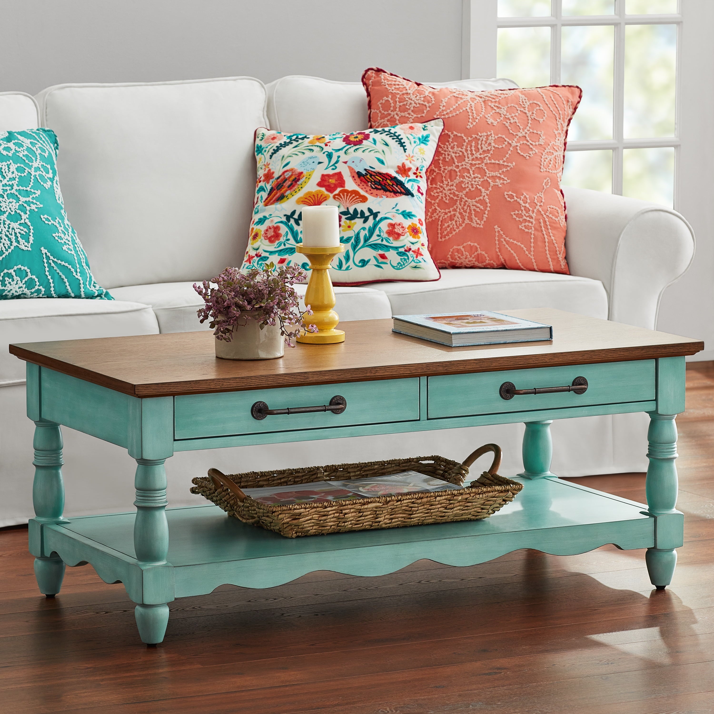 Homesteada™ Helen Coffee Table Made With Solid Wood Frame, Teal