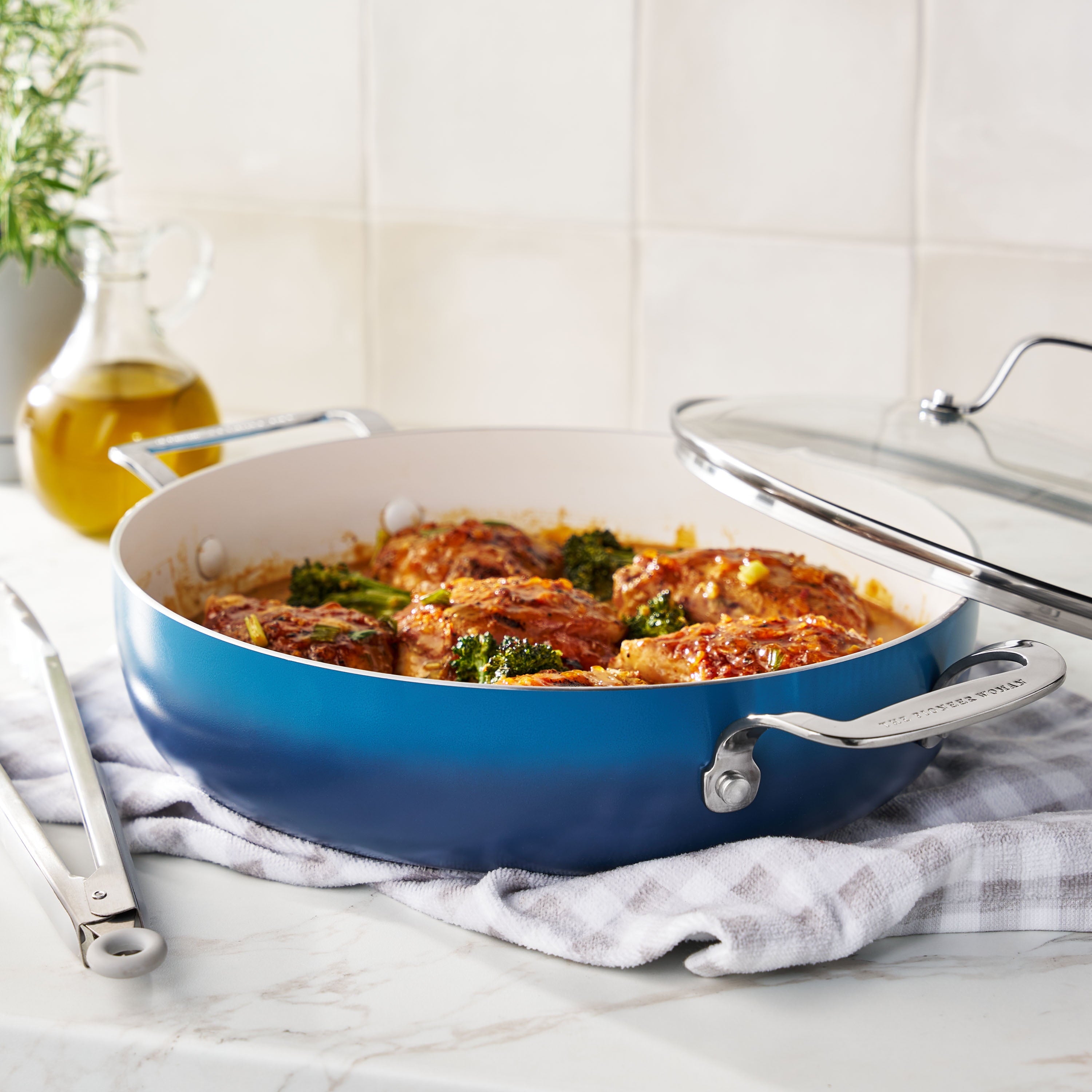 Homesteada™ Harlow 12" Ceramic Non-Stick Everyday Pan with Lid, Denim Blue