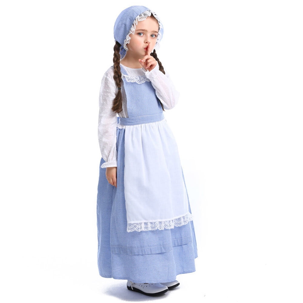 Homesteada™ Girls Heritage Country Costume Long Sleeve Dress with Apron colonial bonnet for 3-12Y