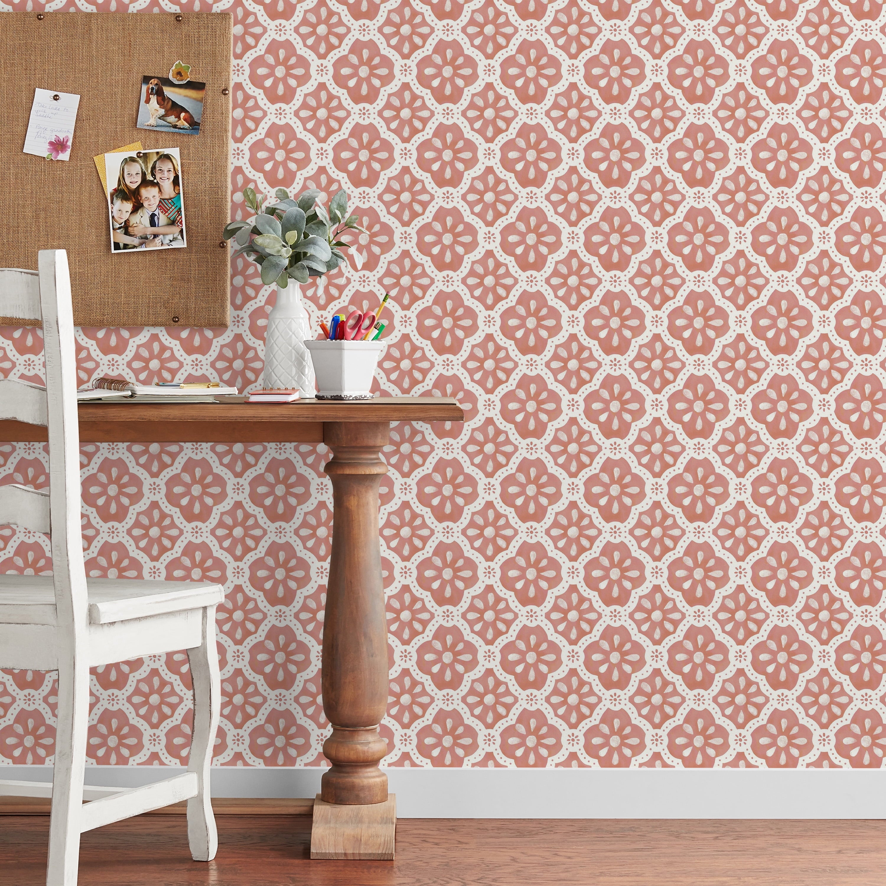 Homesteada™ Pink Salmon Washy Trellis Peel and Stick Wallpaper, 18" x 18.86'